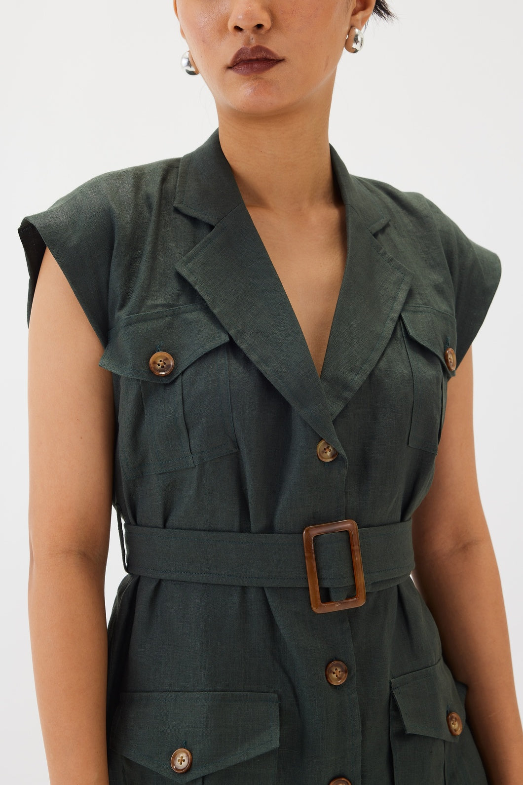 Linen shirt dress with a belt | Green