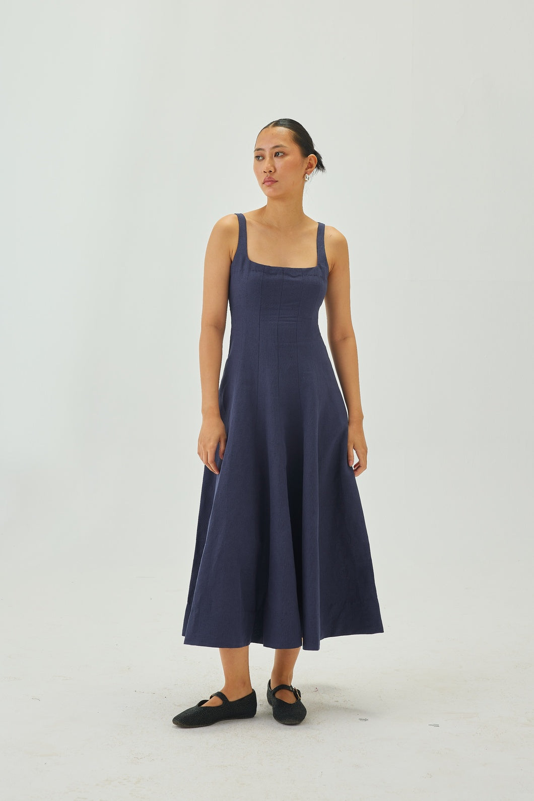 Linen Square-Neck Flare Midi Dress | Indigo