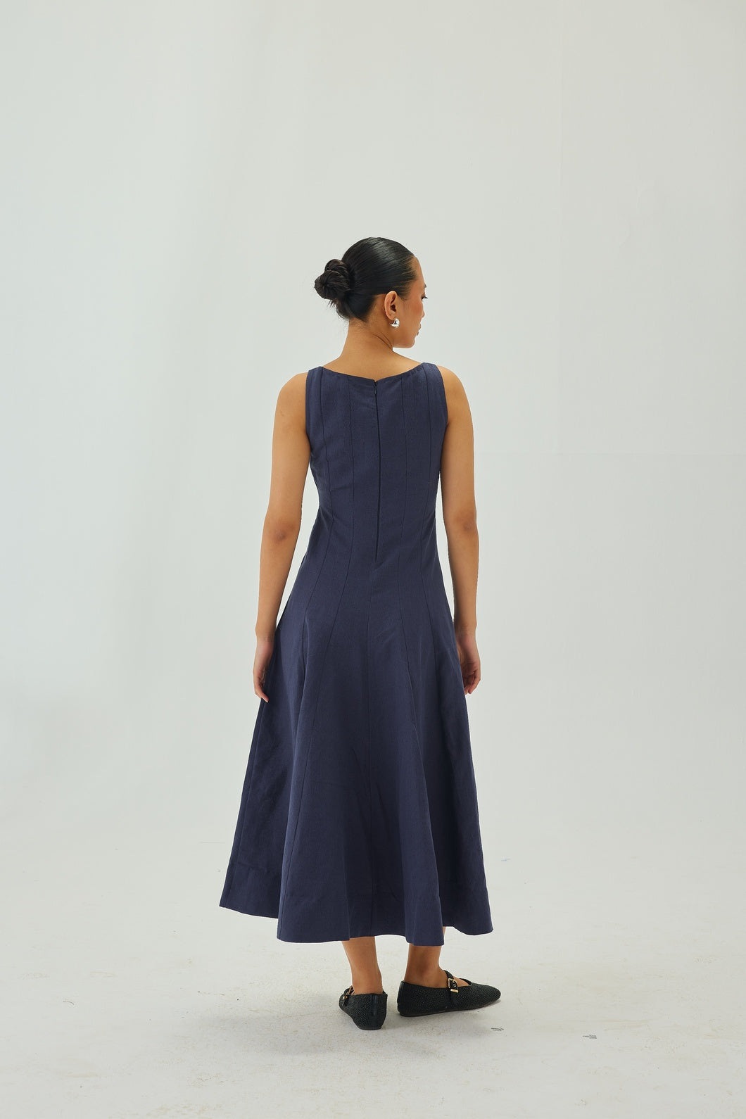 Linen Square-Neck Flare Midi Dress | Indigo