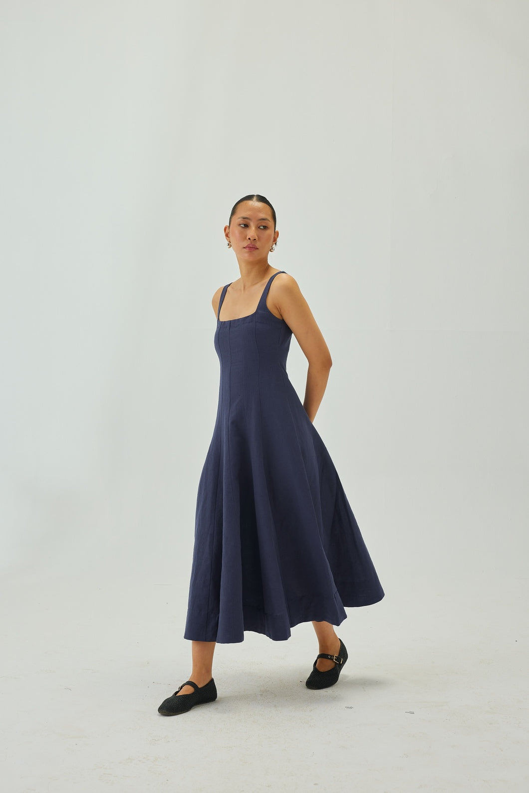 Linen Square-Neck Flare Midi Dress | Indigo