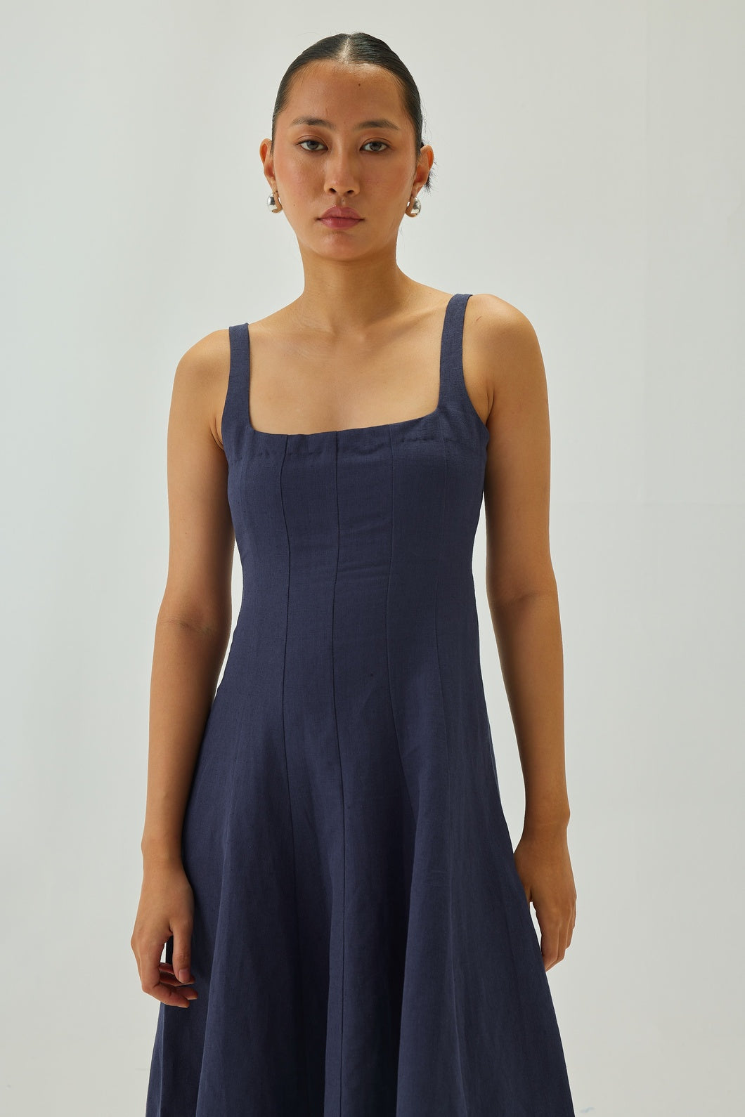 Linen Square-Neck Flare Midi Dress | Indigo