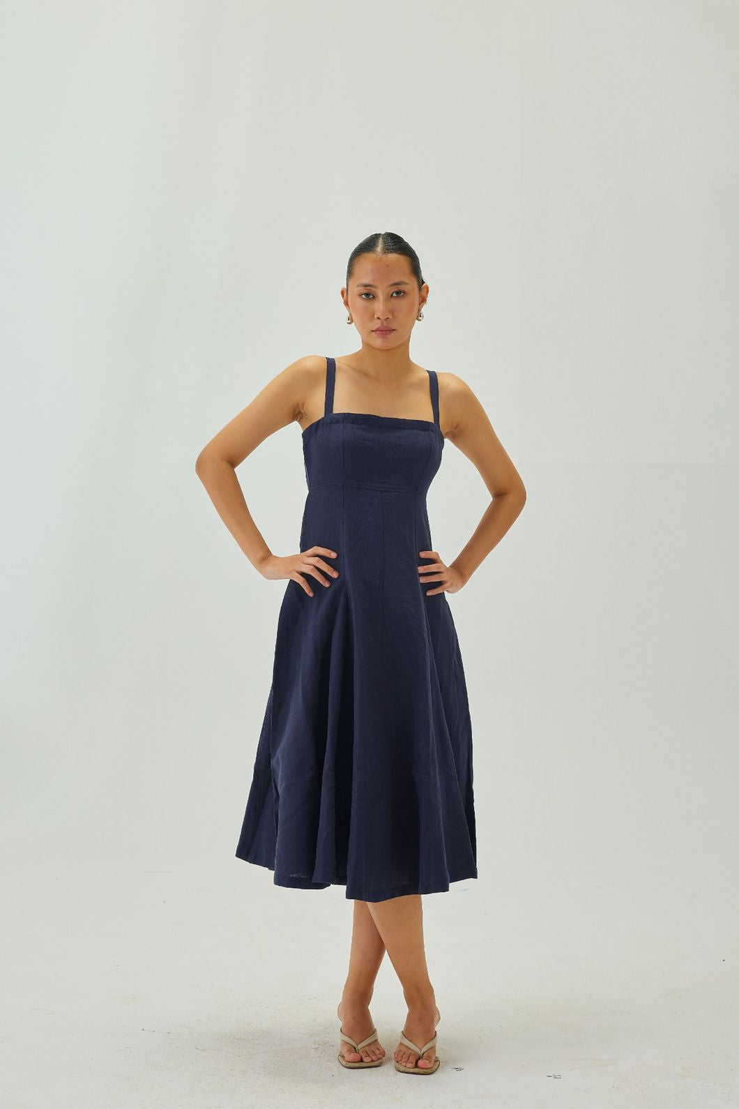 Linen Dress with square neckline | Indigo