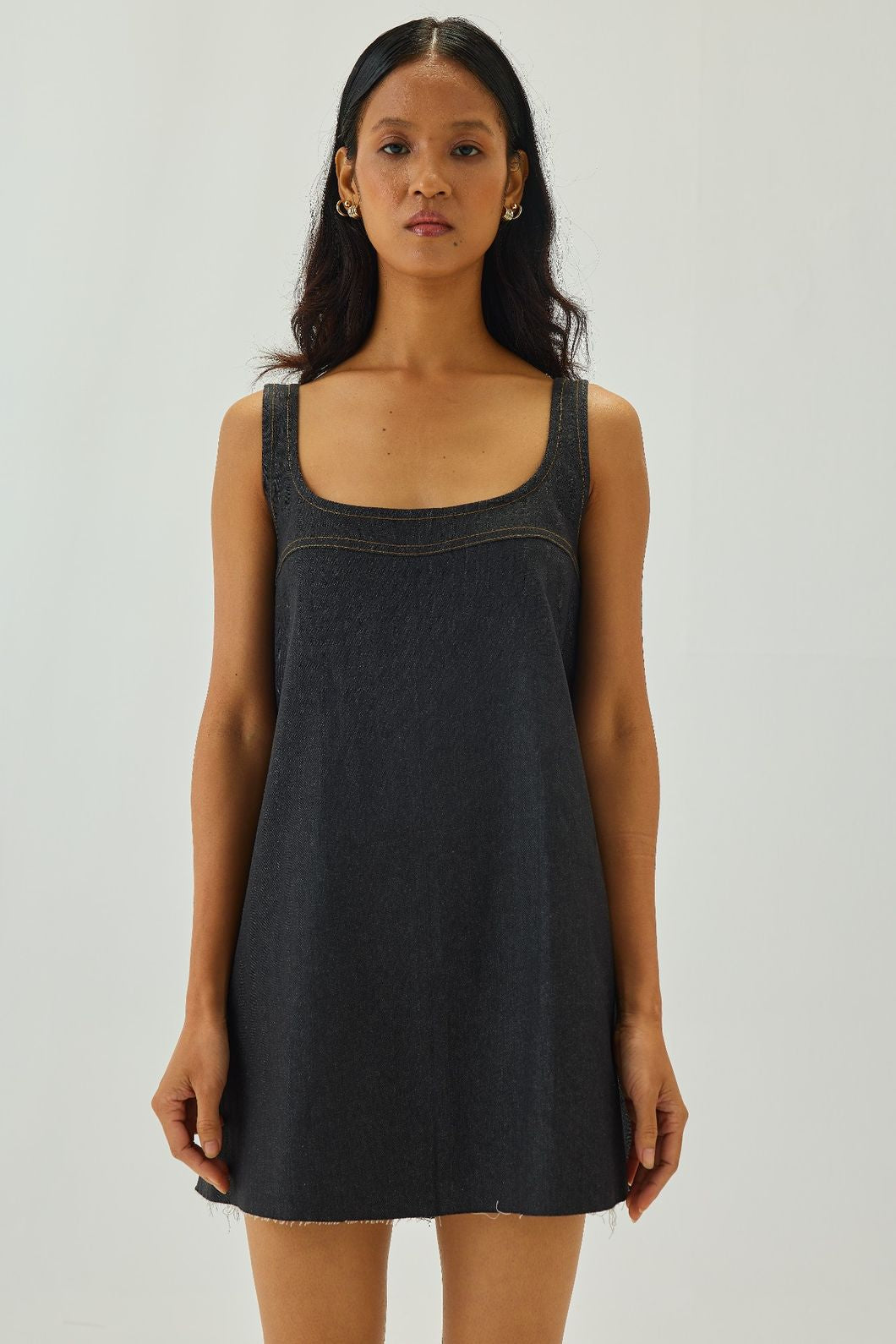 Denim Scoop-Neck Relaxed Mini Dress | Graphite