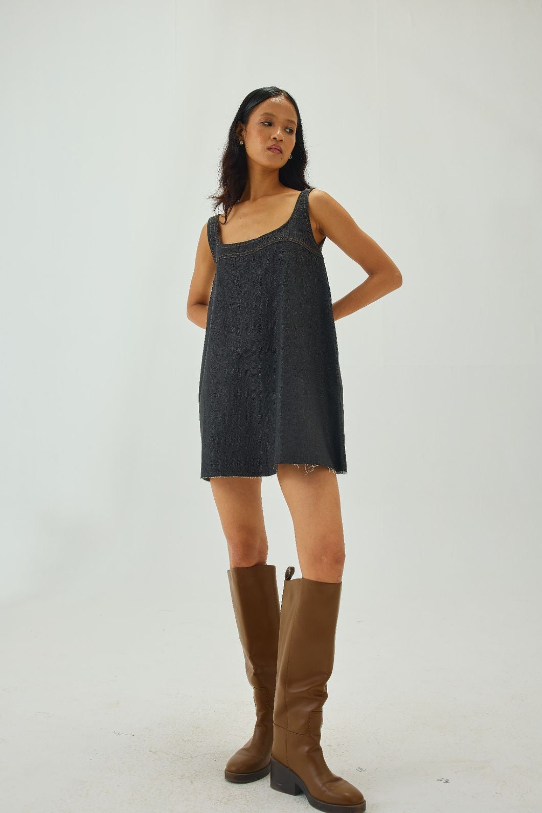 Denim Scoop-Neck Relaxed Mini Dress | Graphite