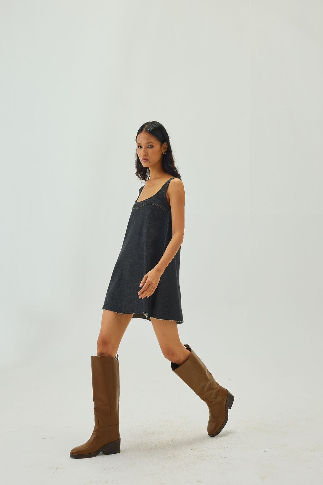 Denim Scoop-Neck Relaxed Mini Dress | Graphite