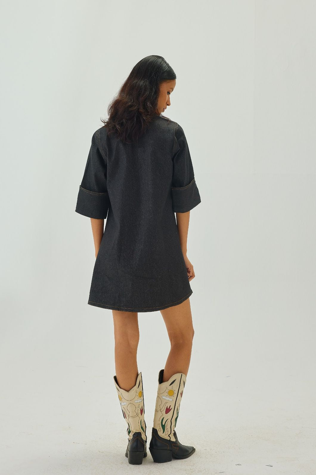 Denim V-Neck Collar A-Line Mini Dress | Graphite
