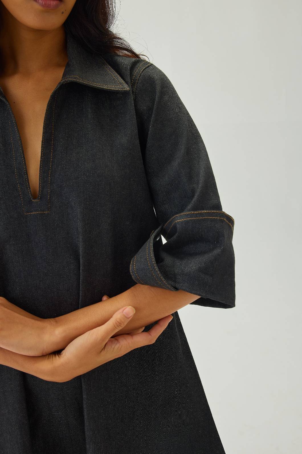 Denim V-Neck Collar A-Line Mini Dress | Graphite