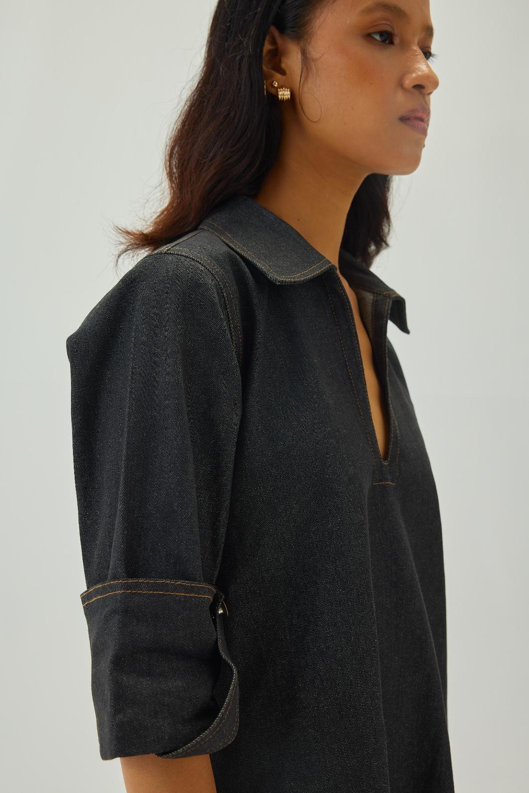 Denim V-Neck Collar A-Line Mini Dress | Graphite