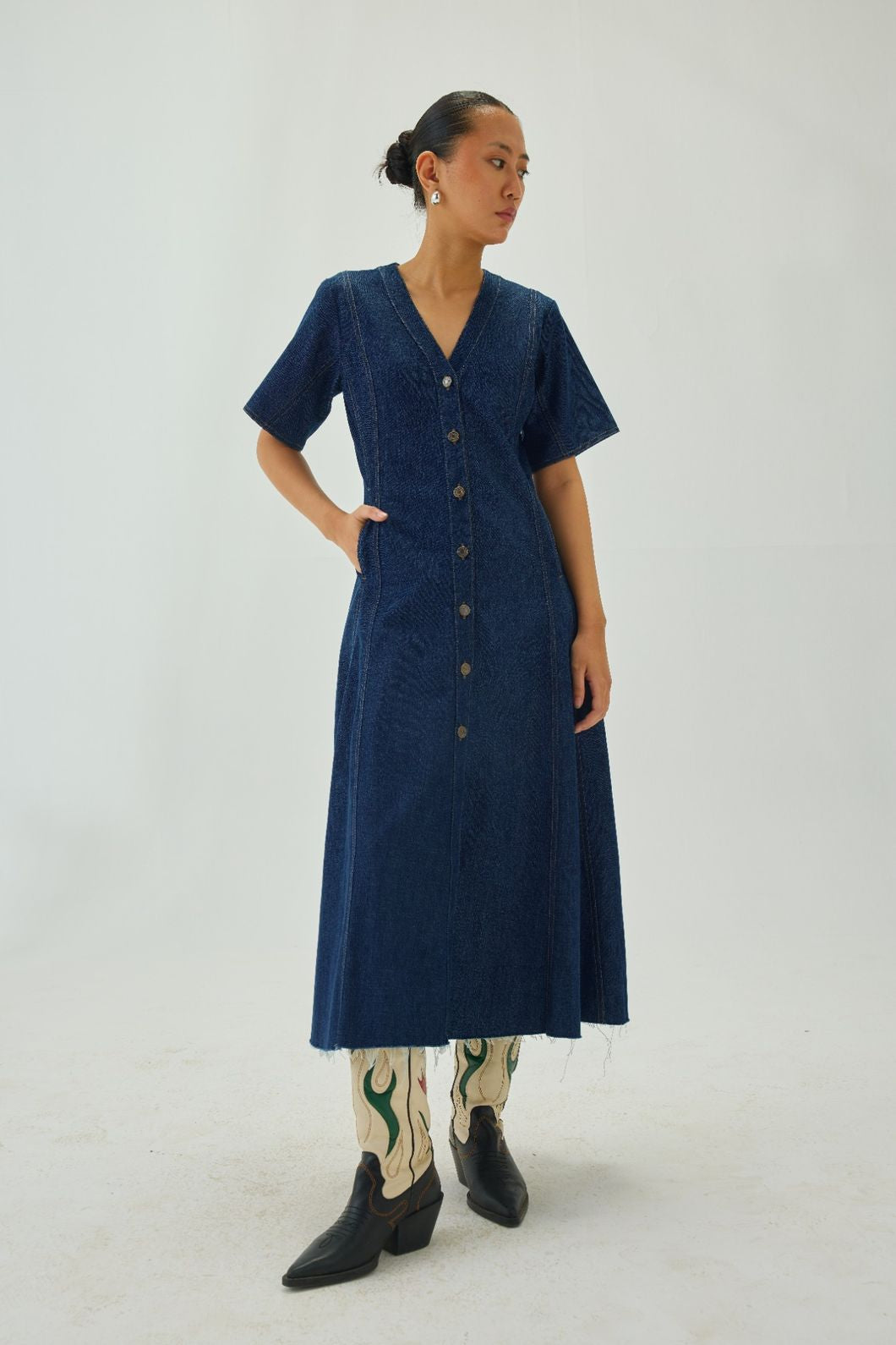 A-line Denim Midi Dress | Blue