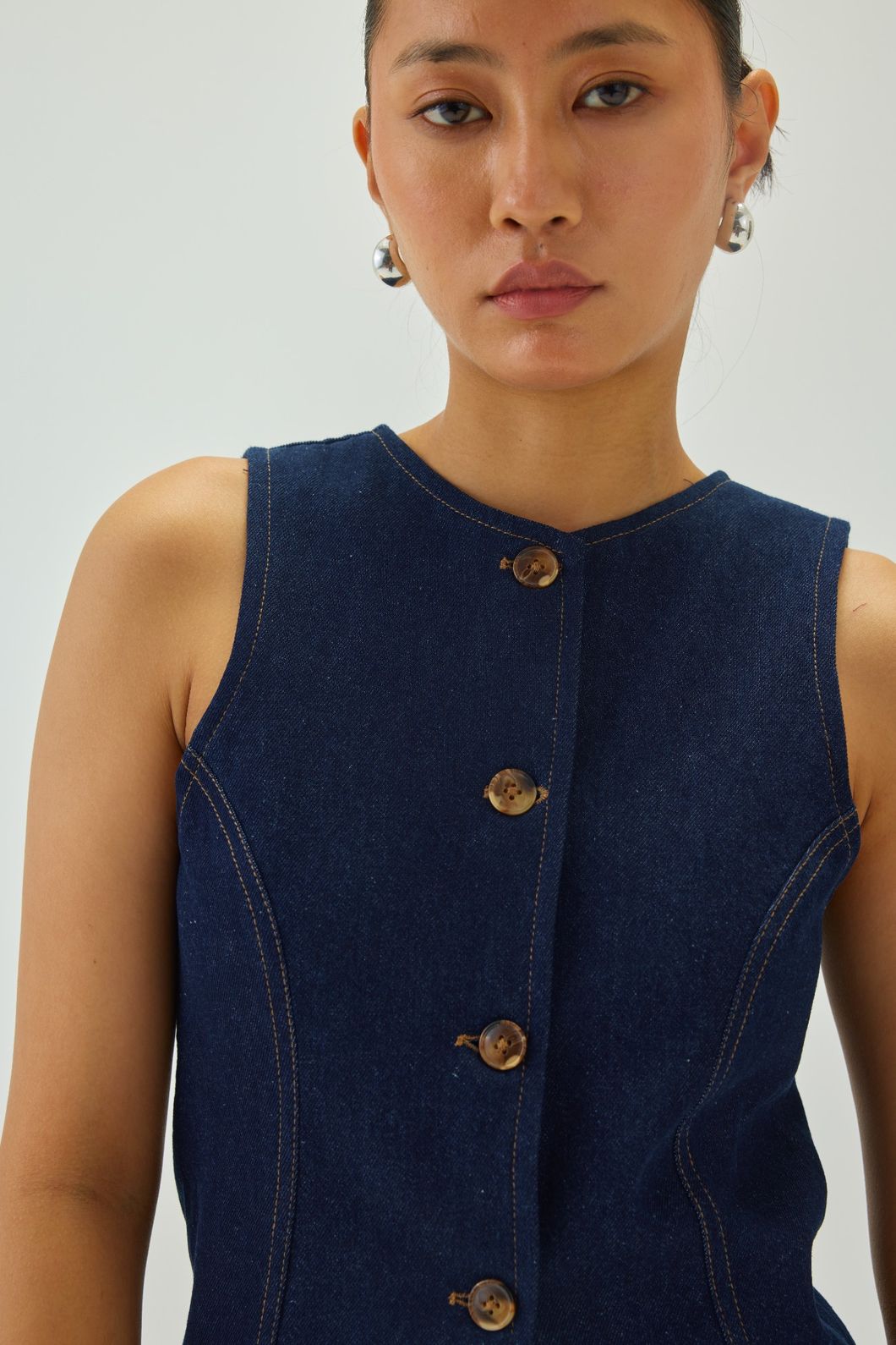Denim Oval Neck Waistcoat | Blue