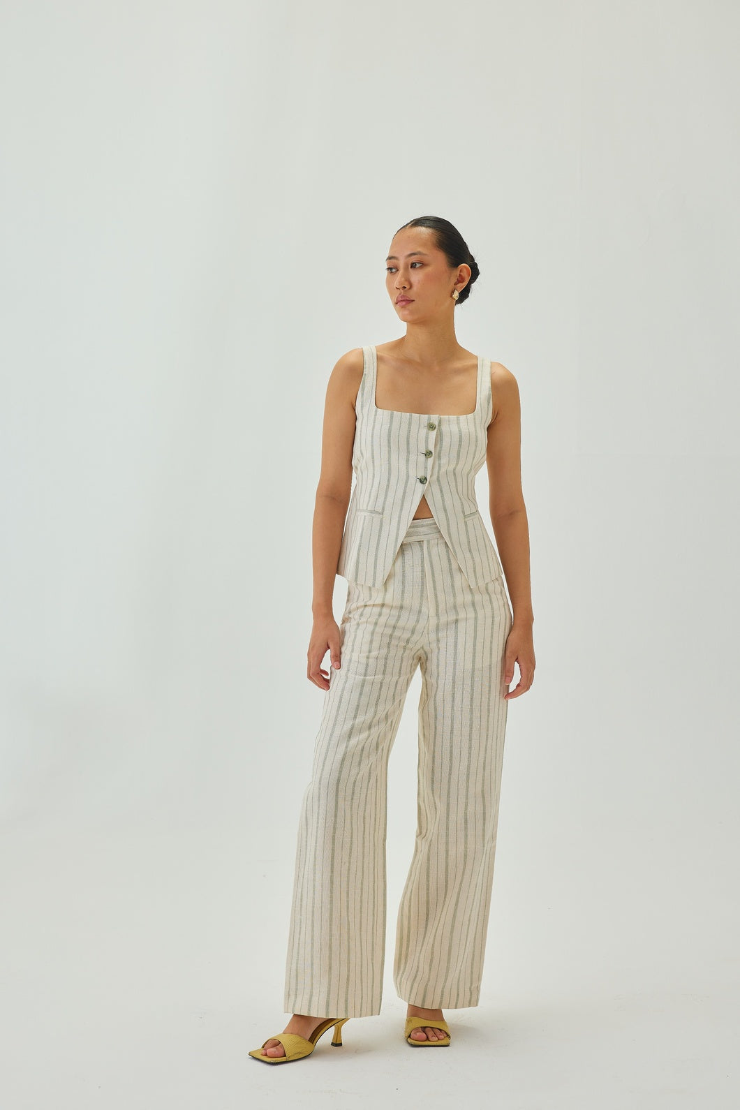 Linen Striped Square Neck Waistcoat | Off White & Green
