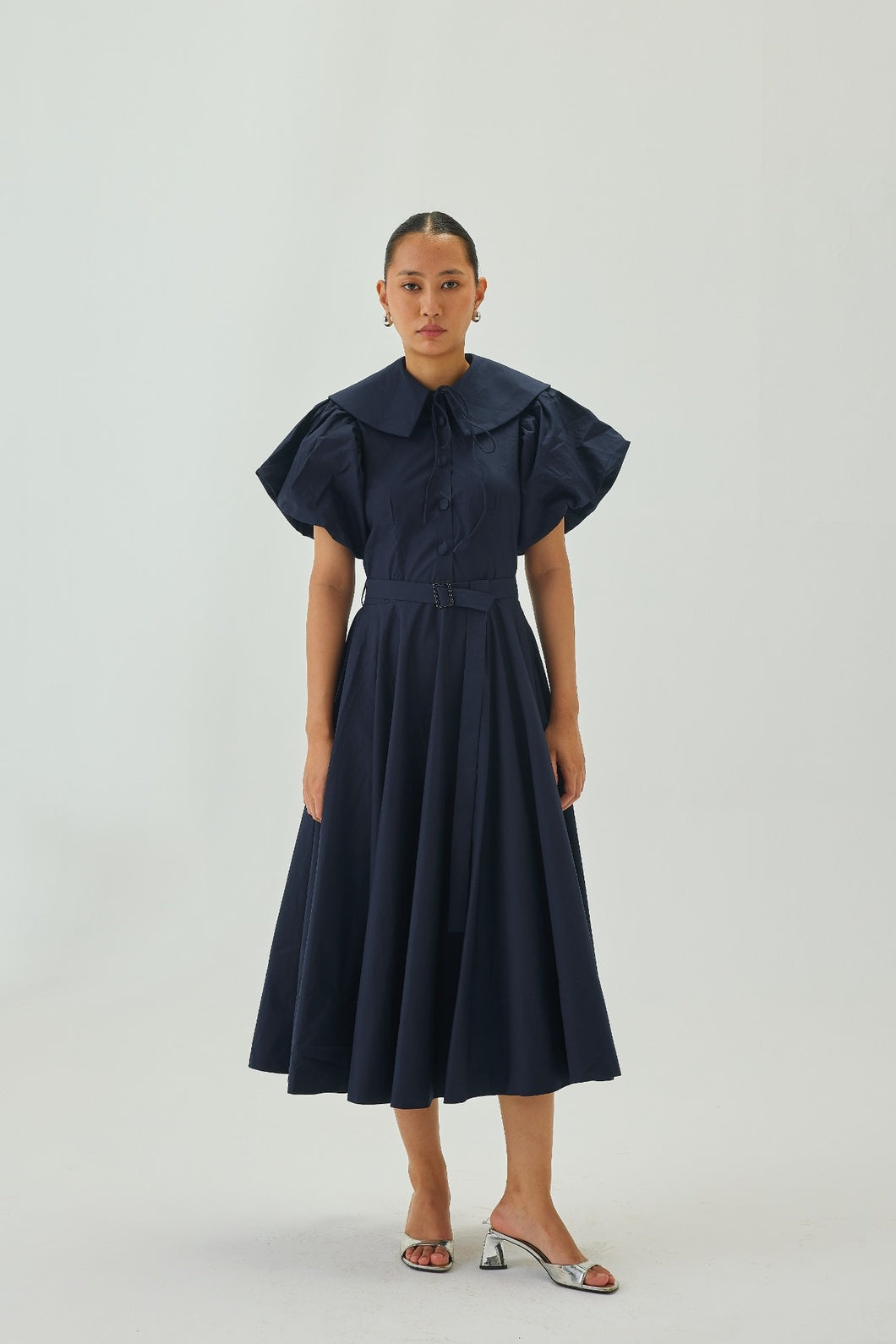 Peter Pan Collar Flare Midi Dress | Navy Blue