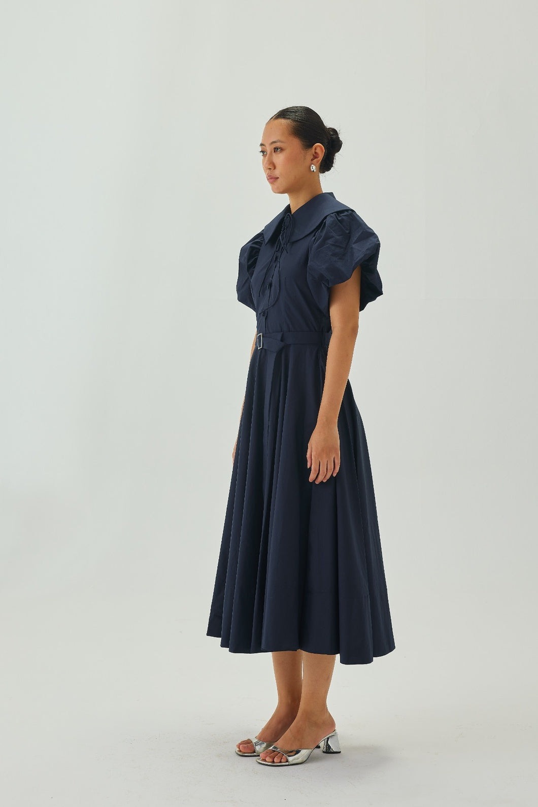 Peter Pan Collar Flare Midi Dress | Navy Blue