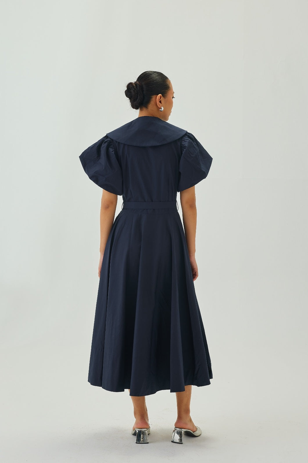 Peter Pan Collar Flare Midi Dress | Navy Blue