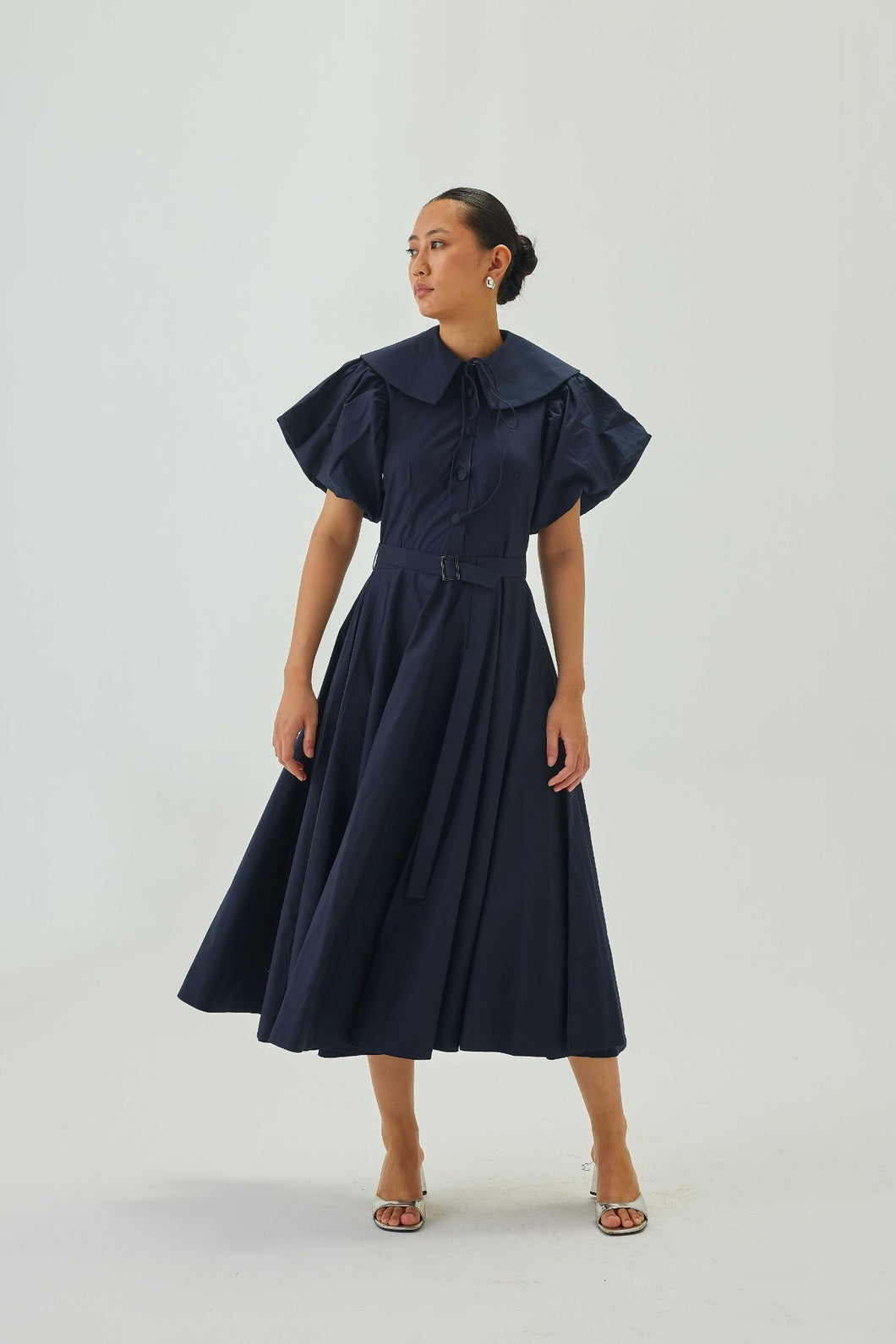 Peter Pan Collar Flare Midi Dress | Navy Blue