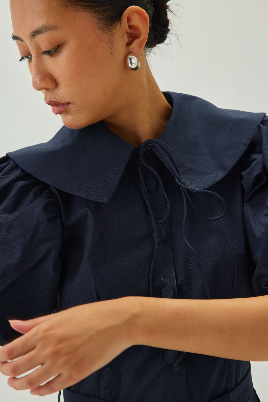 Peter Pan Collar Flare Midi Dress | Navy Blue