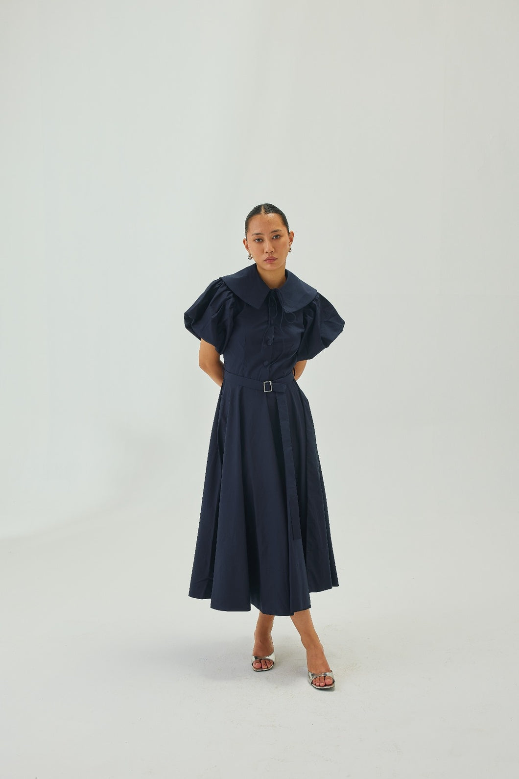 Peter Pan Collar Flare Midi Dress | Navy Blue