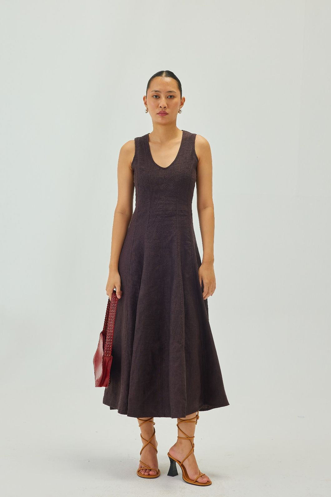 Linen U-Neck Flare Midi Dress | Brown