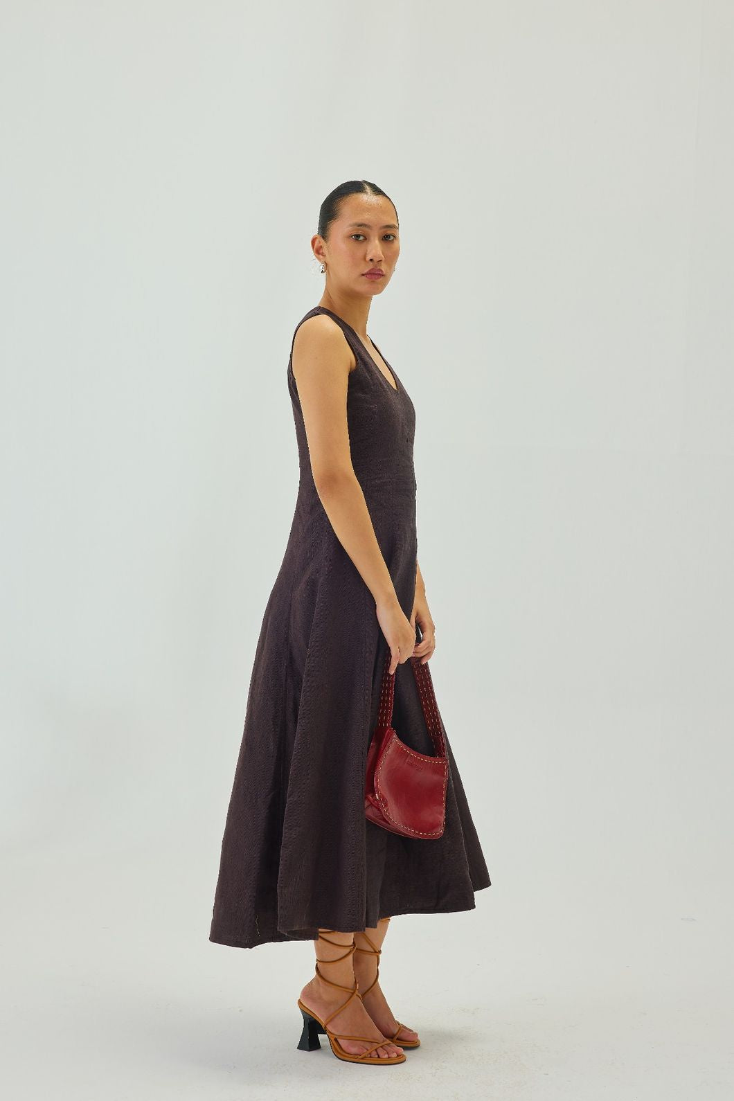 Linen U-Neck Flare Midi Dress | Brown