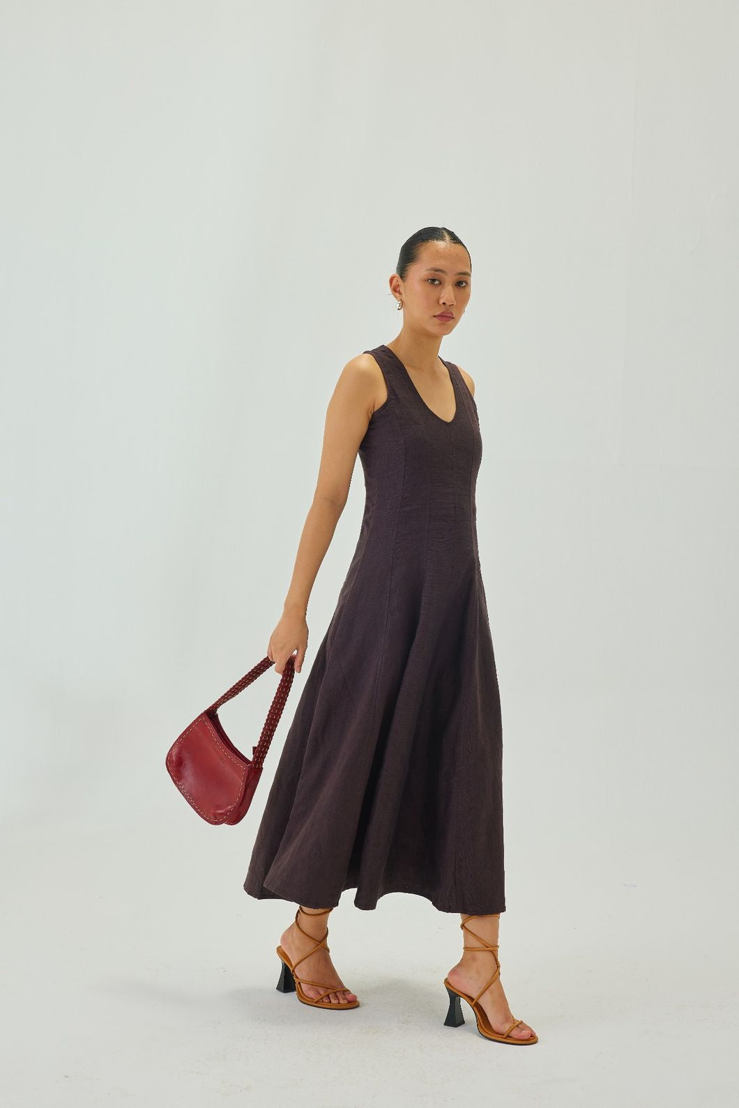 Linen U-Neck Flare Midi Dress | Brown