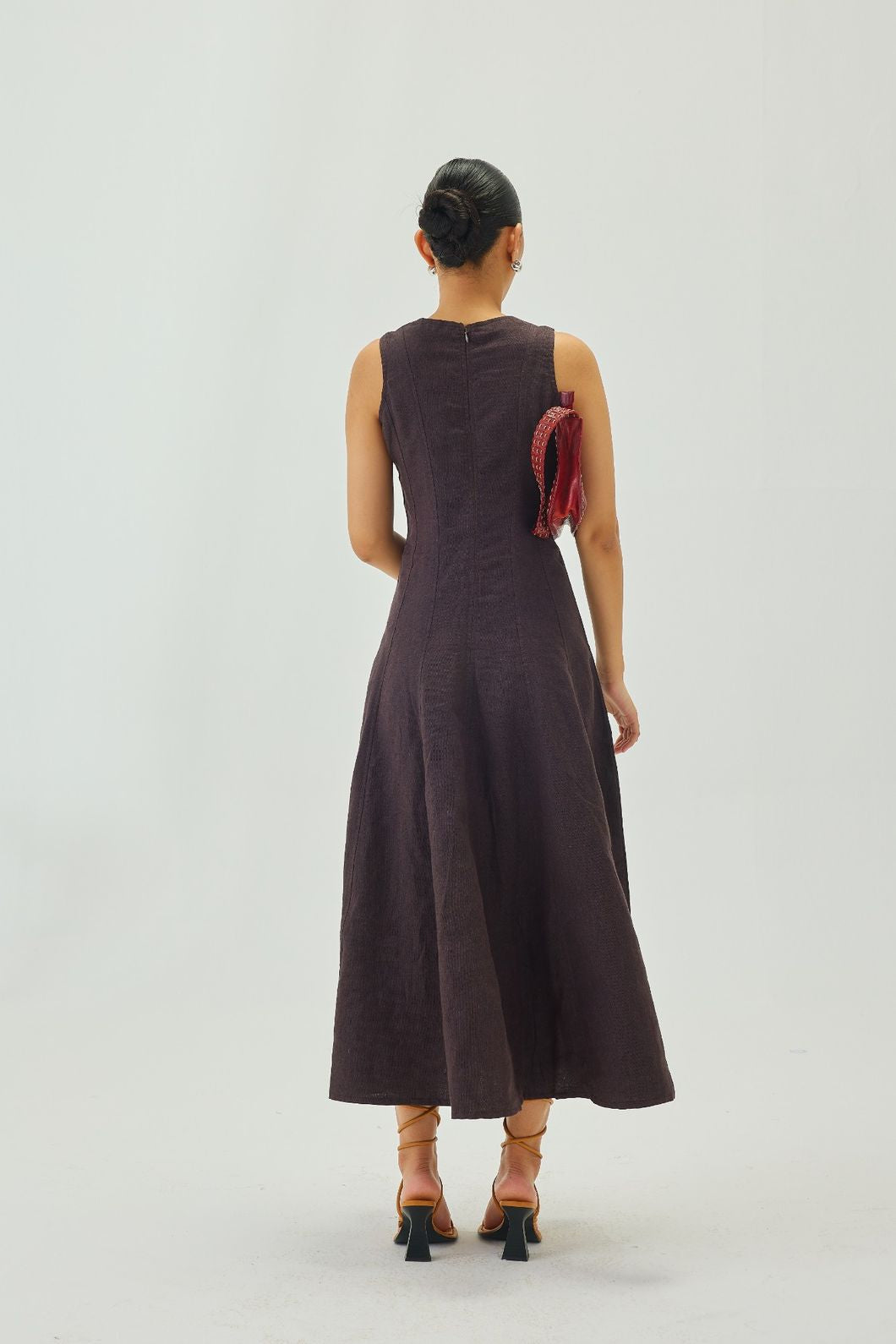 Linen U-Neck Flare Midi Dress | Brown