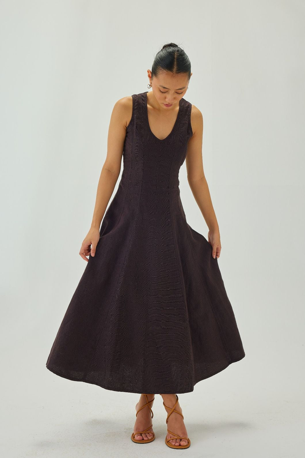 Linen U-Neck Flare Midi Dress | Brown