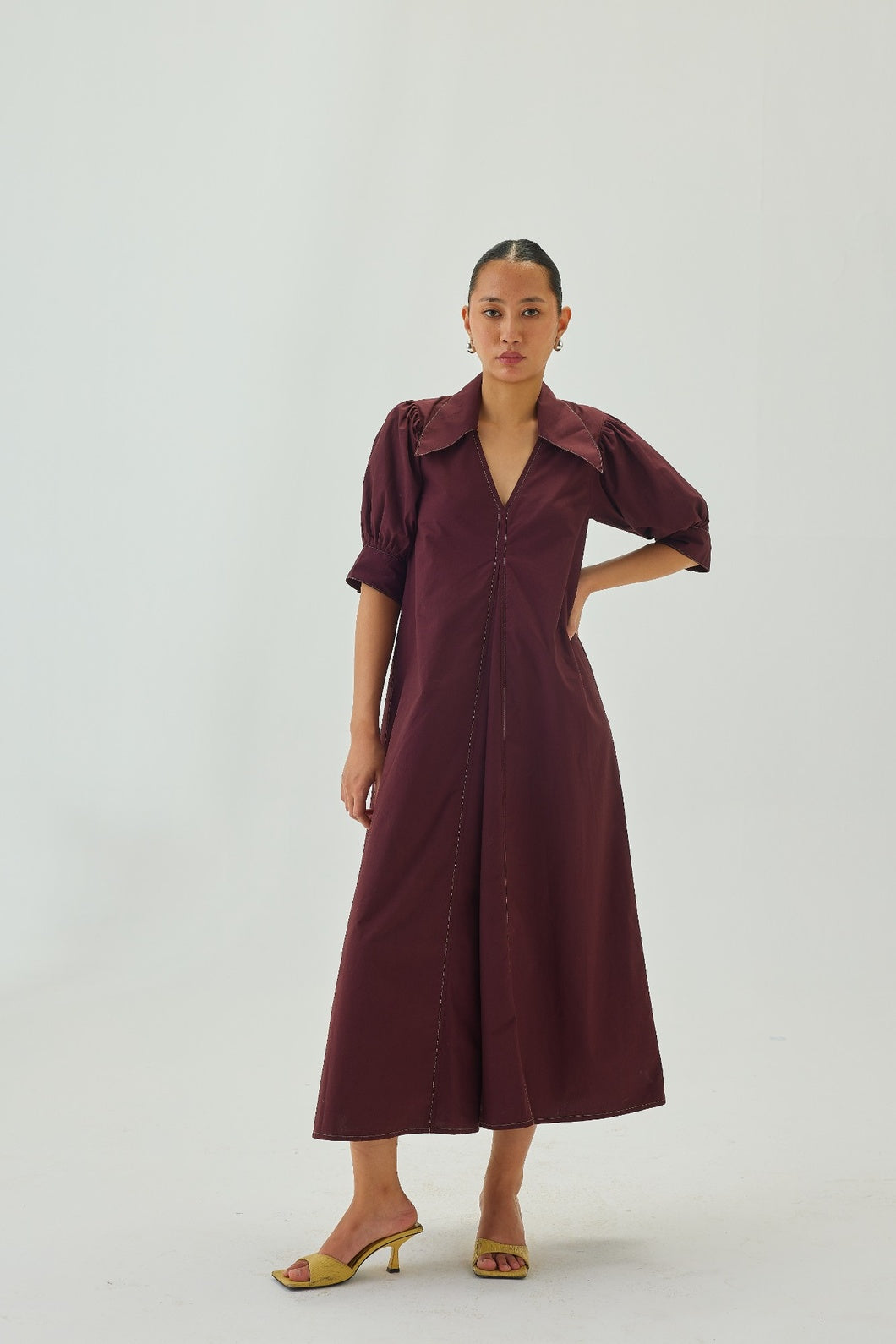 Poplin Point Collar A-Line Midi Dress | Maroon
