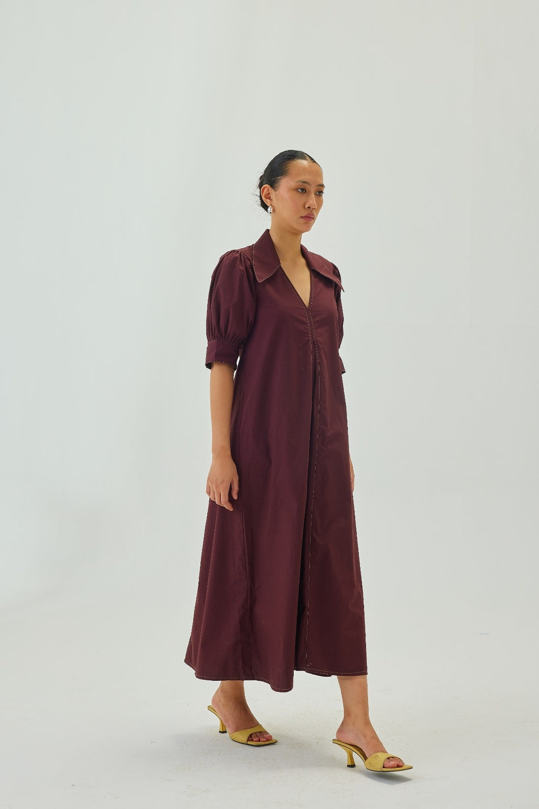 Poplin Point Collar A-Line Midi Dress | Maroon