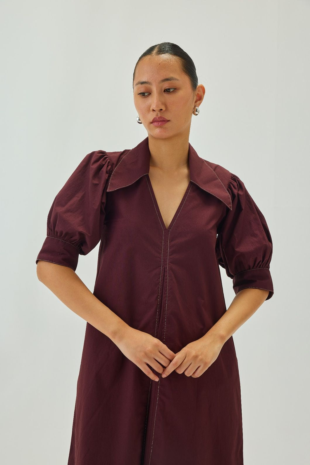 Poplin Point Collar A-Line Midi Dress | Maroon