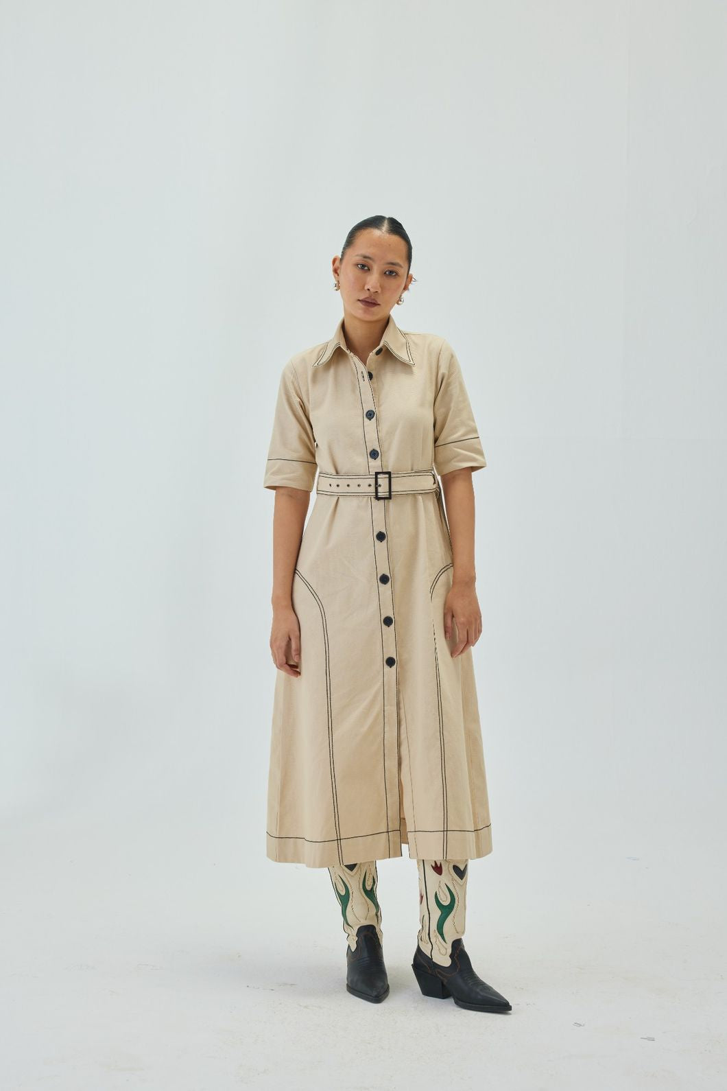 Top Stitch Midi Shirt Dress | Off White