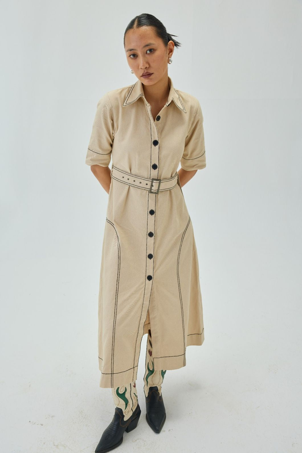 Top Stitch Midi Shirt Dress | Off White