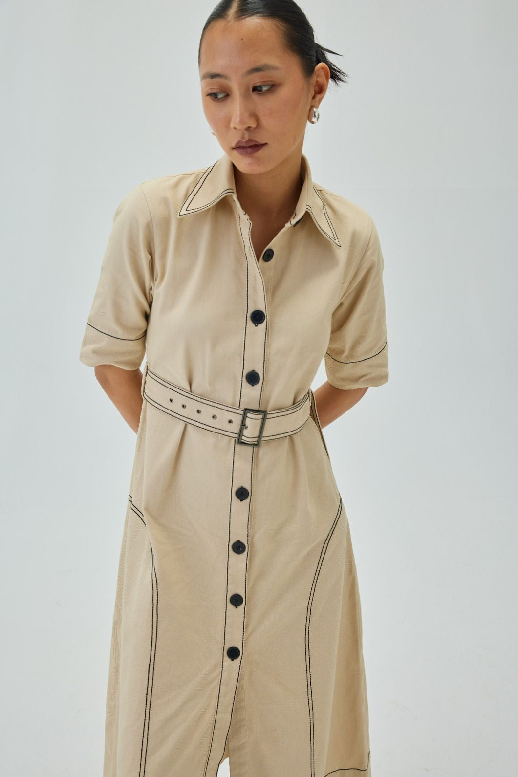 Top Stitch Midi Shirt Dress | Off White