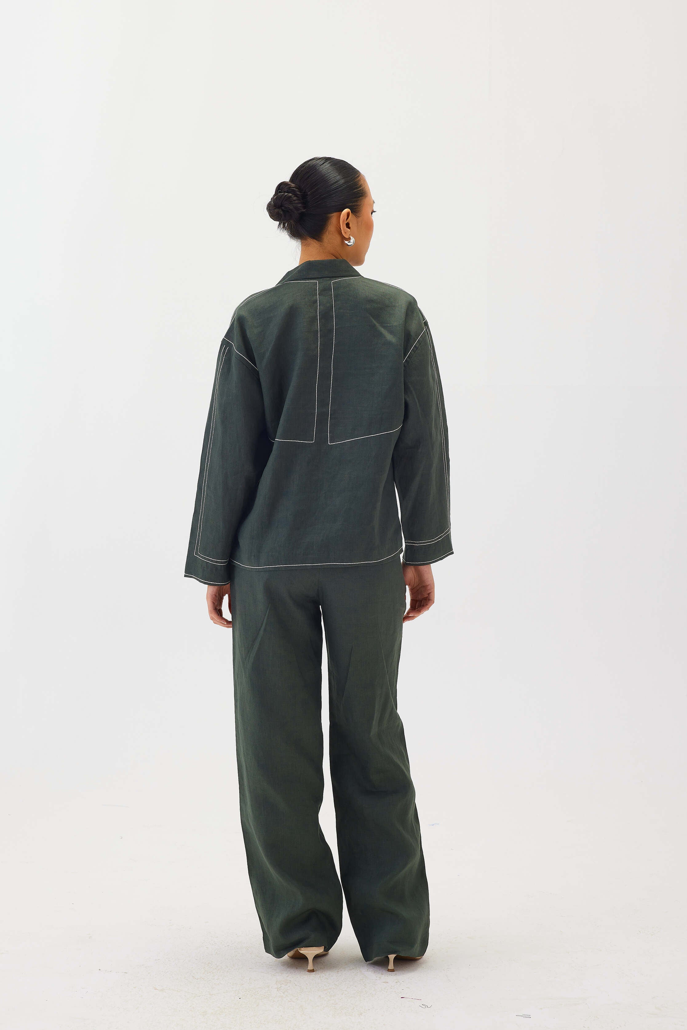 Linen Top Stitch Detail Pants | Dark Green