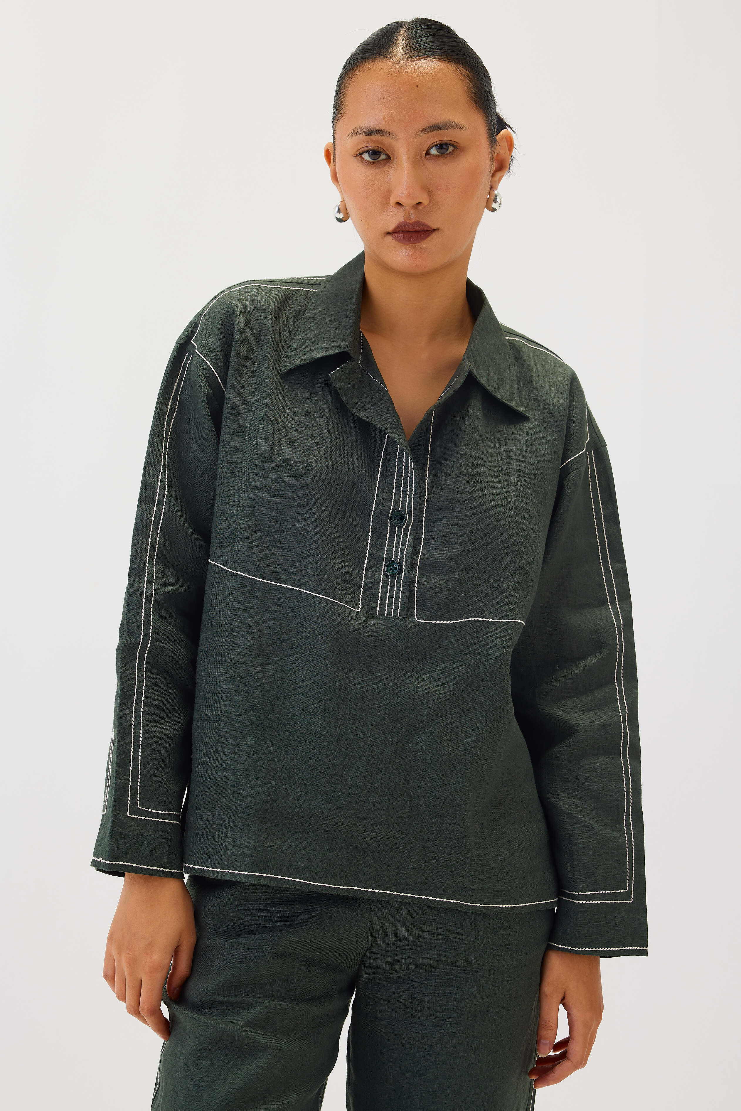 Linen Top Stitch Detail Top | Dark Green