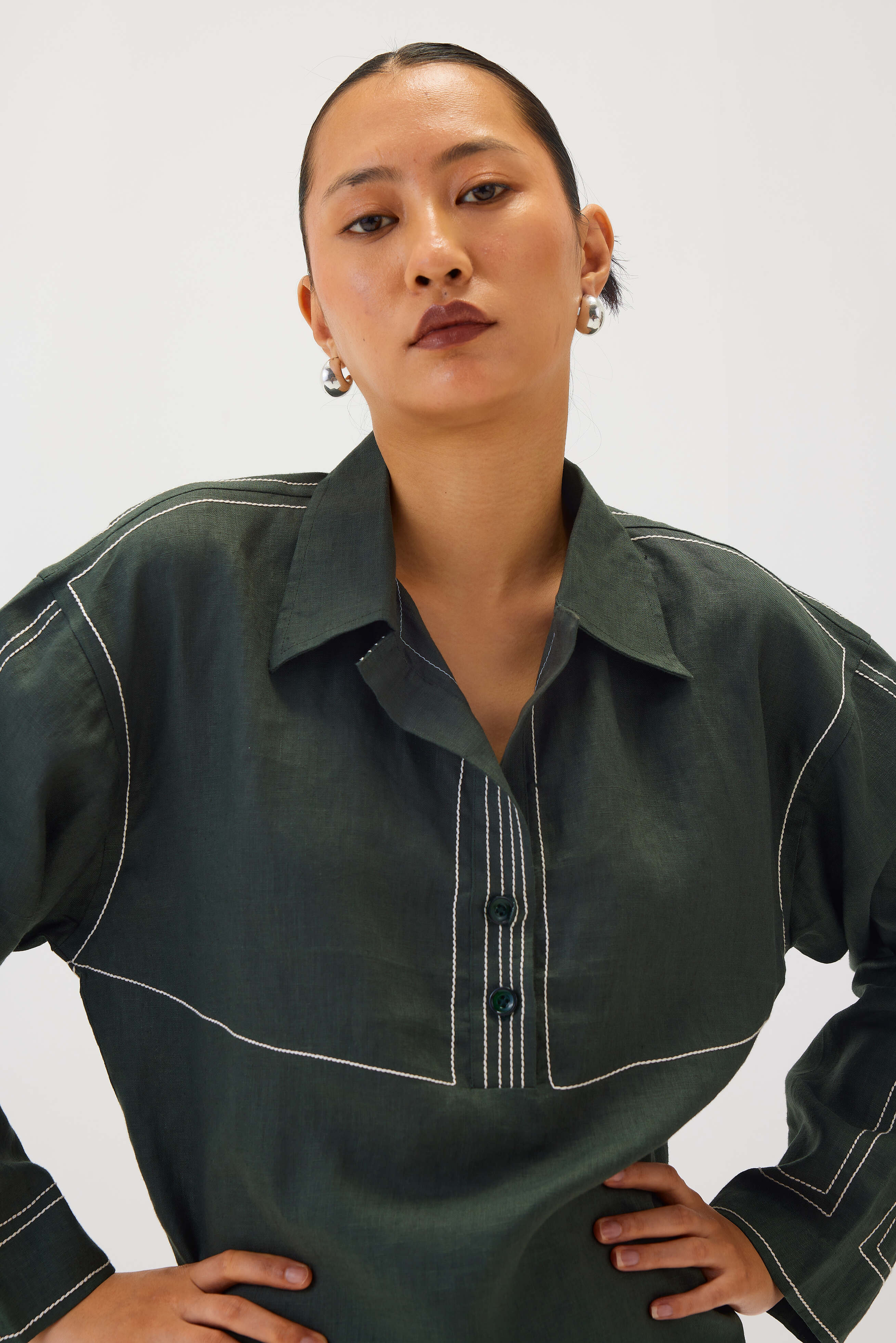 Linen Top Stitch Detail Top | Dark Green