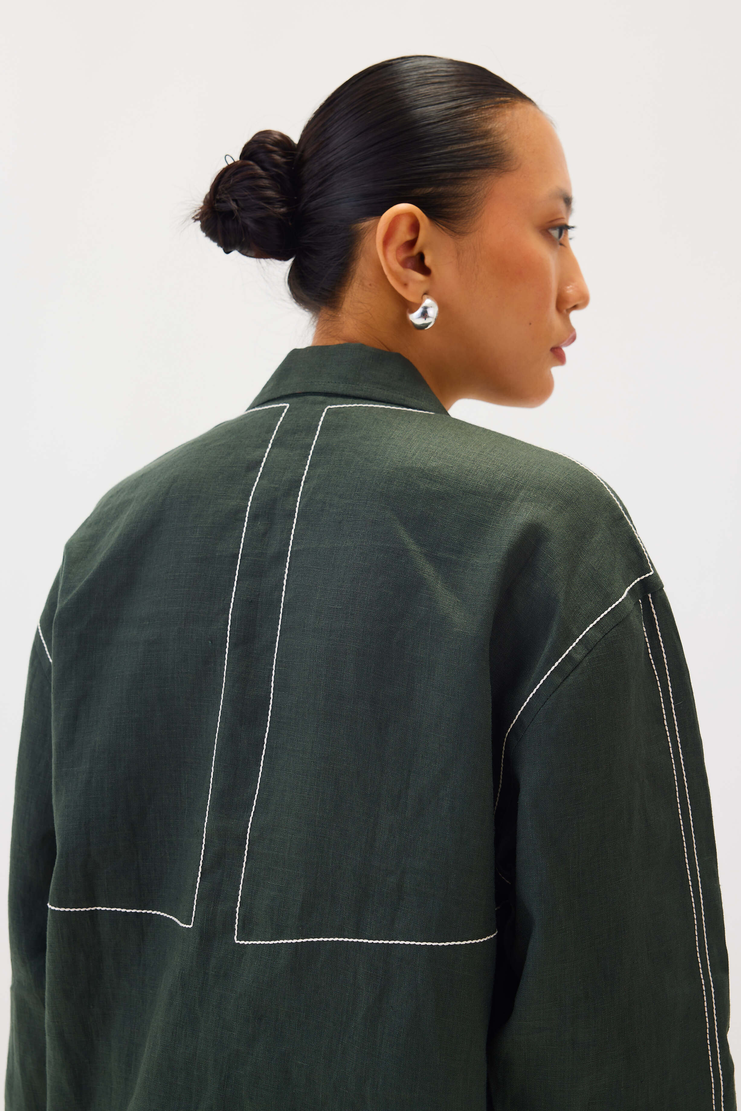 Linen Top Stitch Detail Top | Dark Green