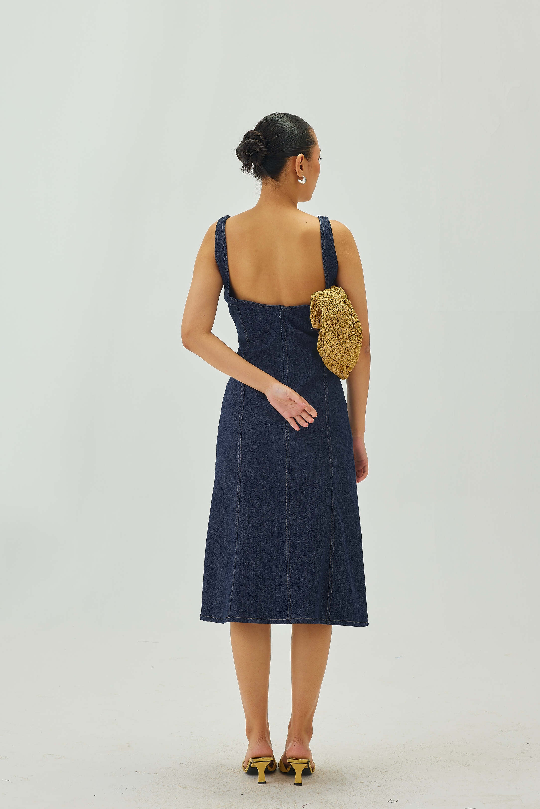 Denim Midi Dress with Deep Back Detail | Blue