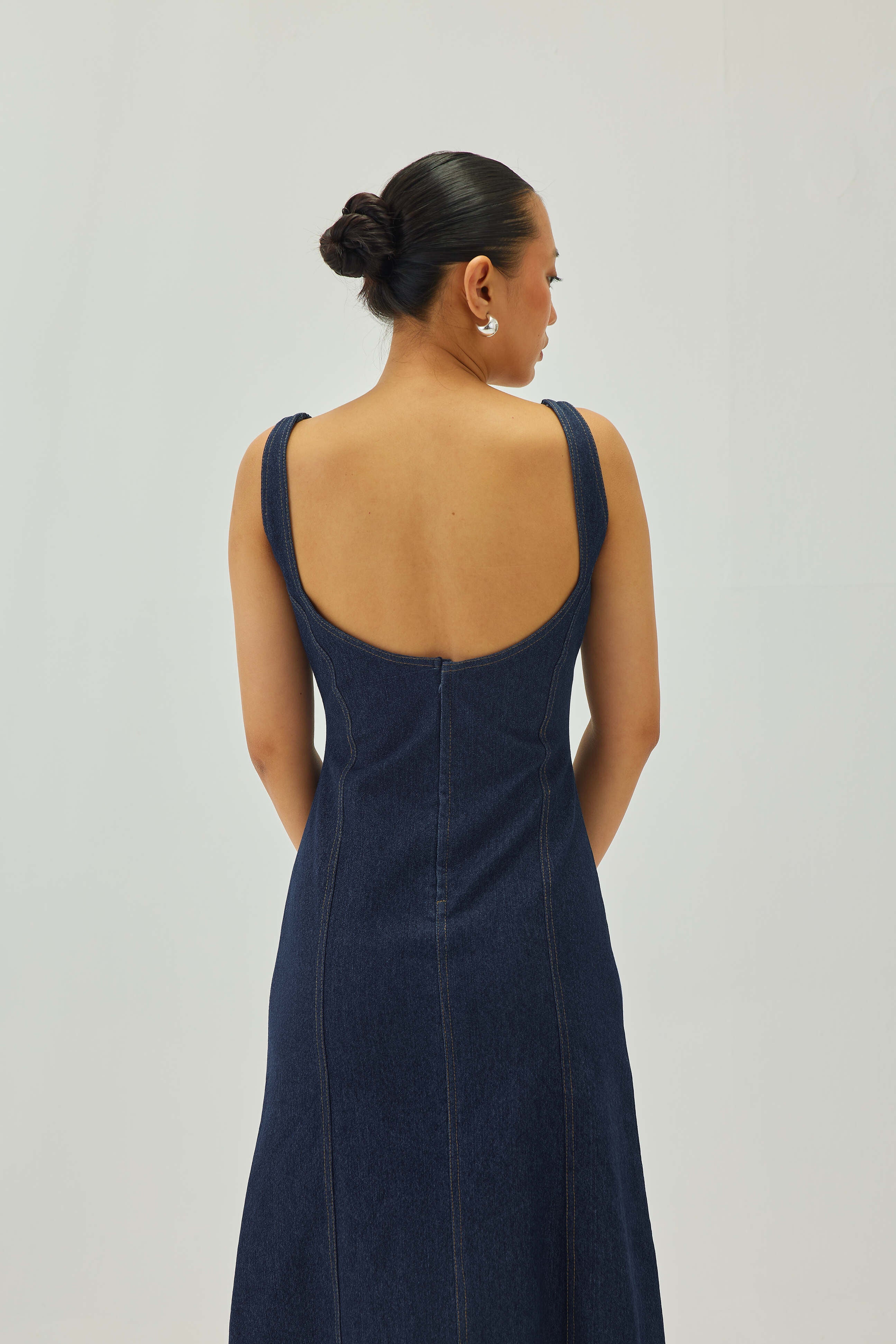 Denim Midi Dress with Deep Back Detail | Blue