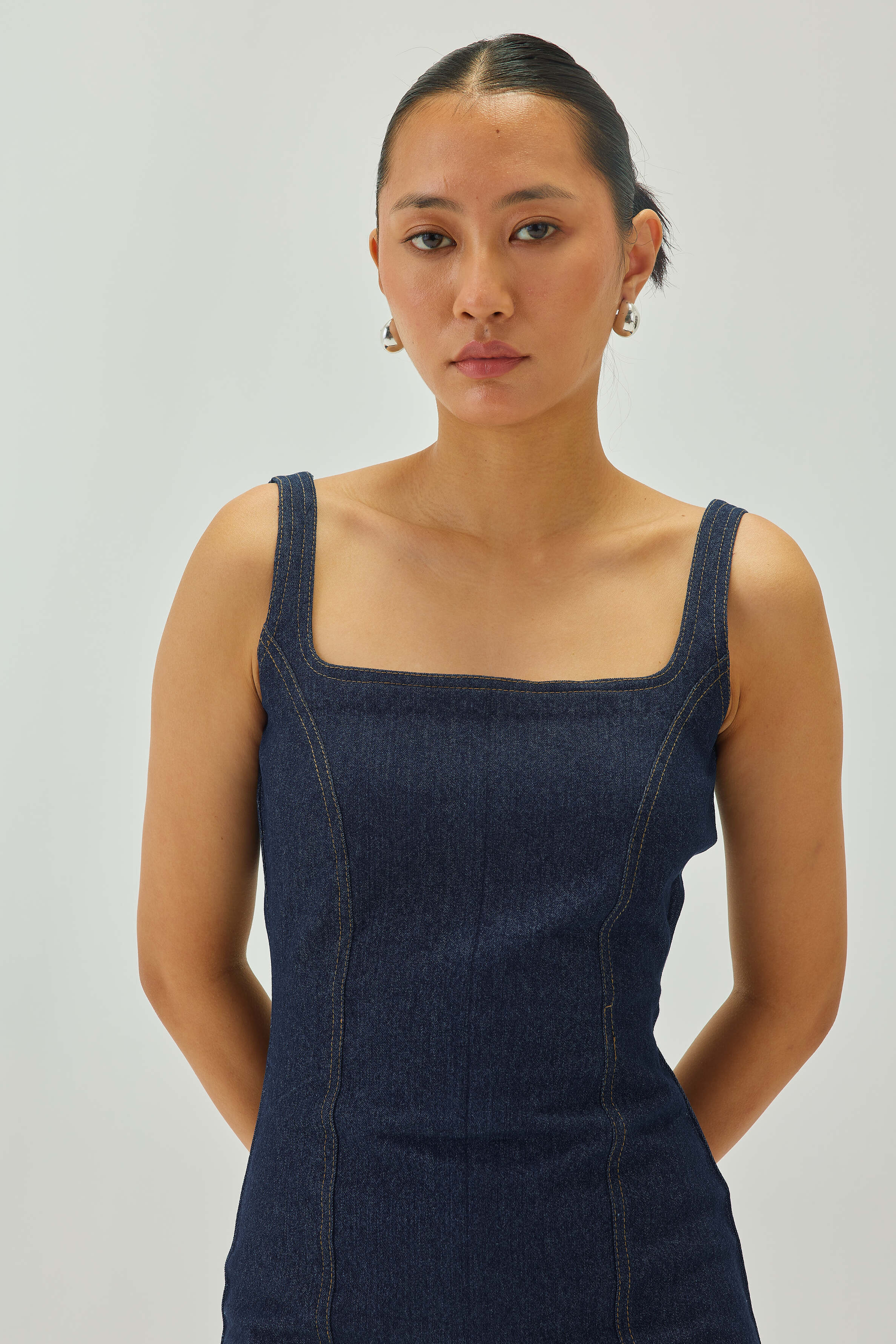 Denim Midi Dress with Deep Back Detail | Blue
