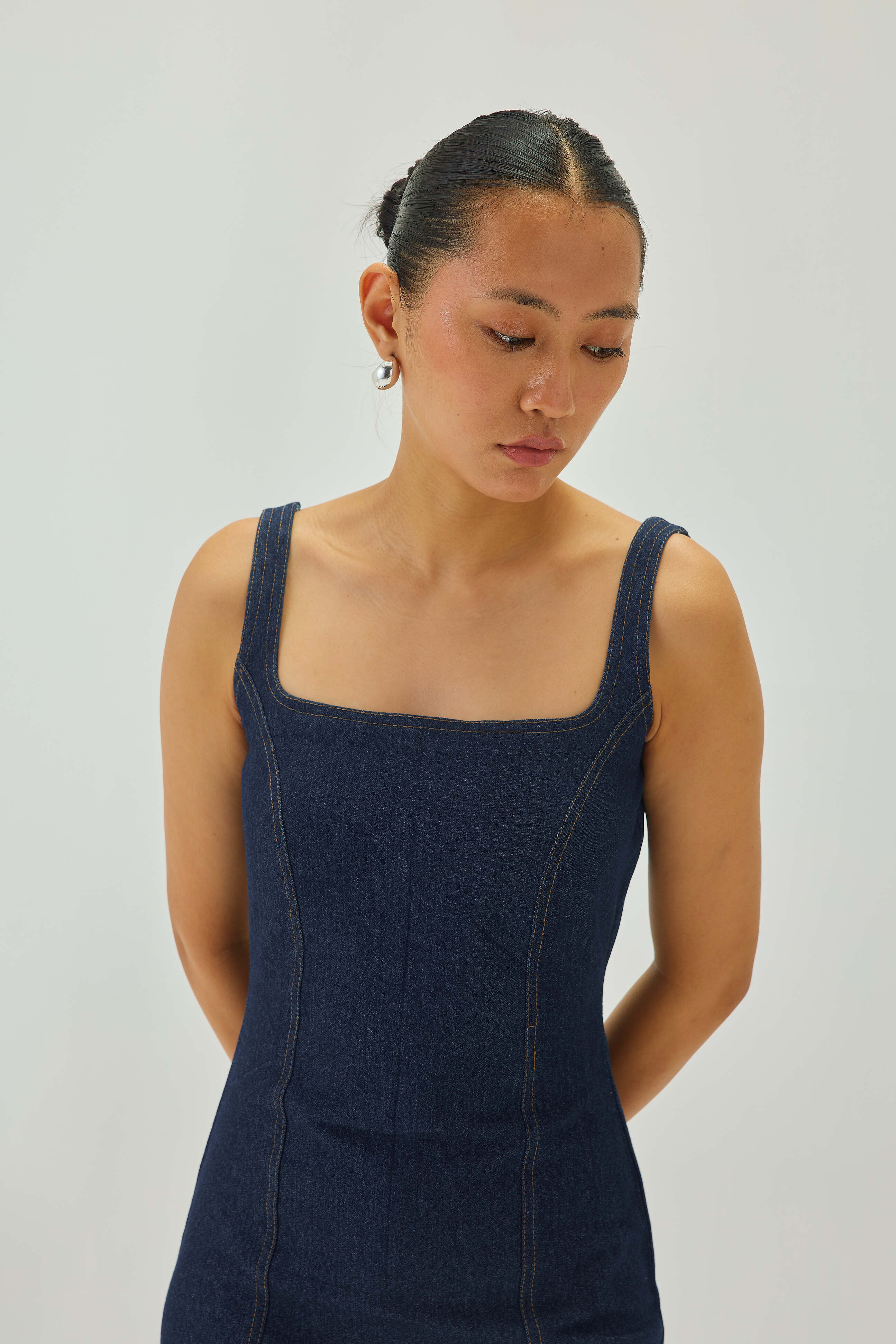 Denim Midi Dress with Deep Back Detail | Blue