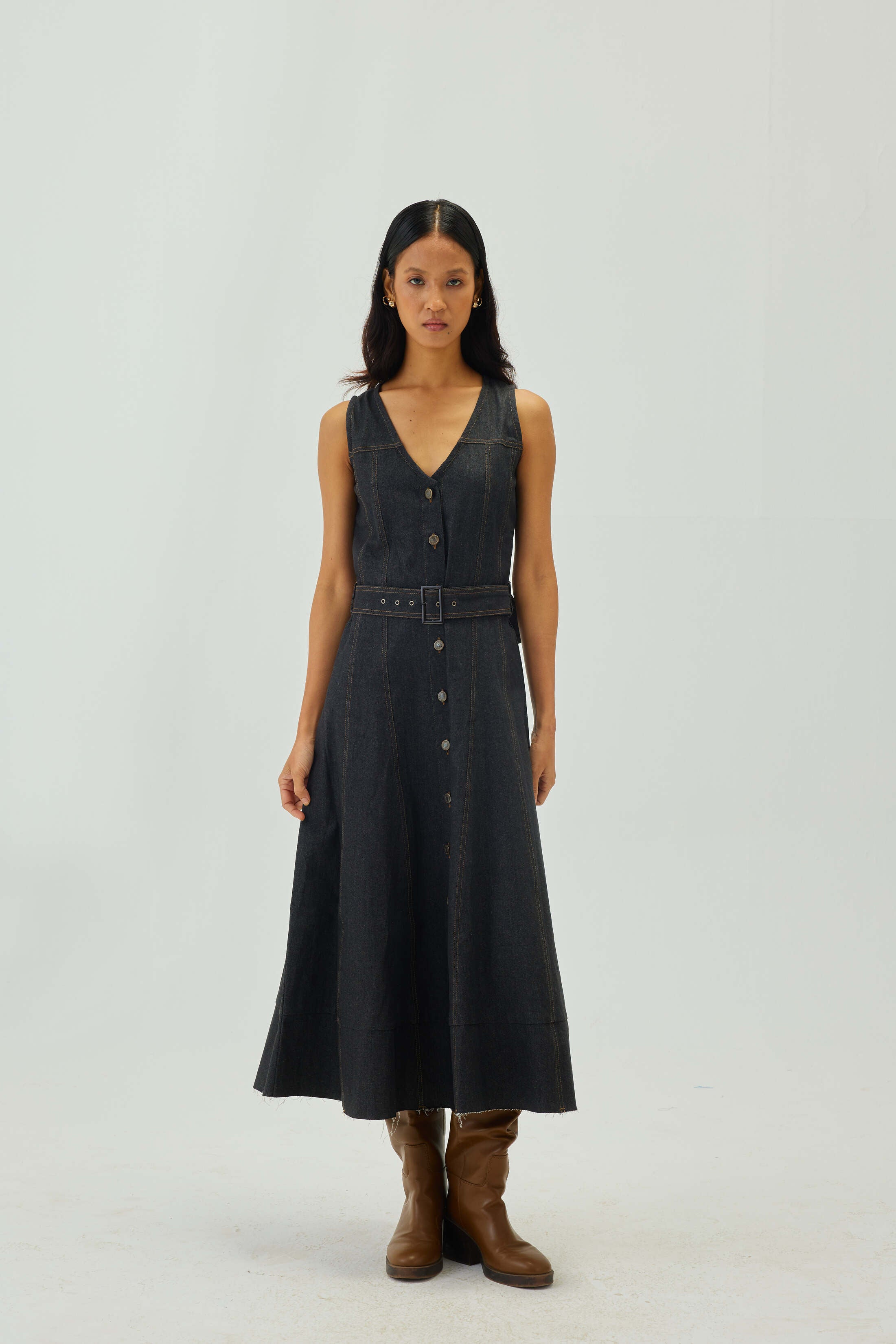 Denim Top Stitch Belted Midi Dress Graphite