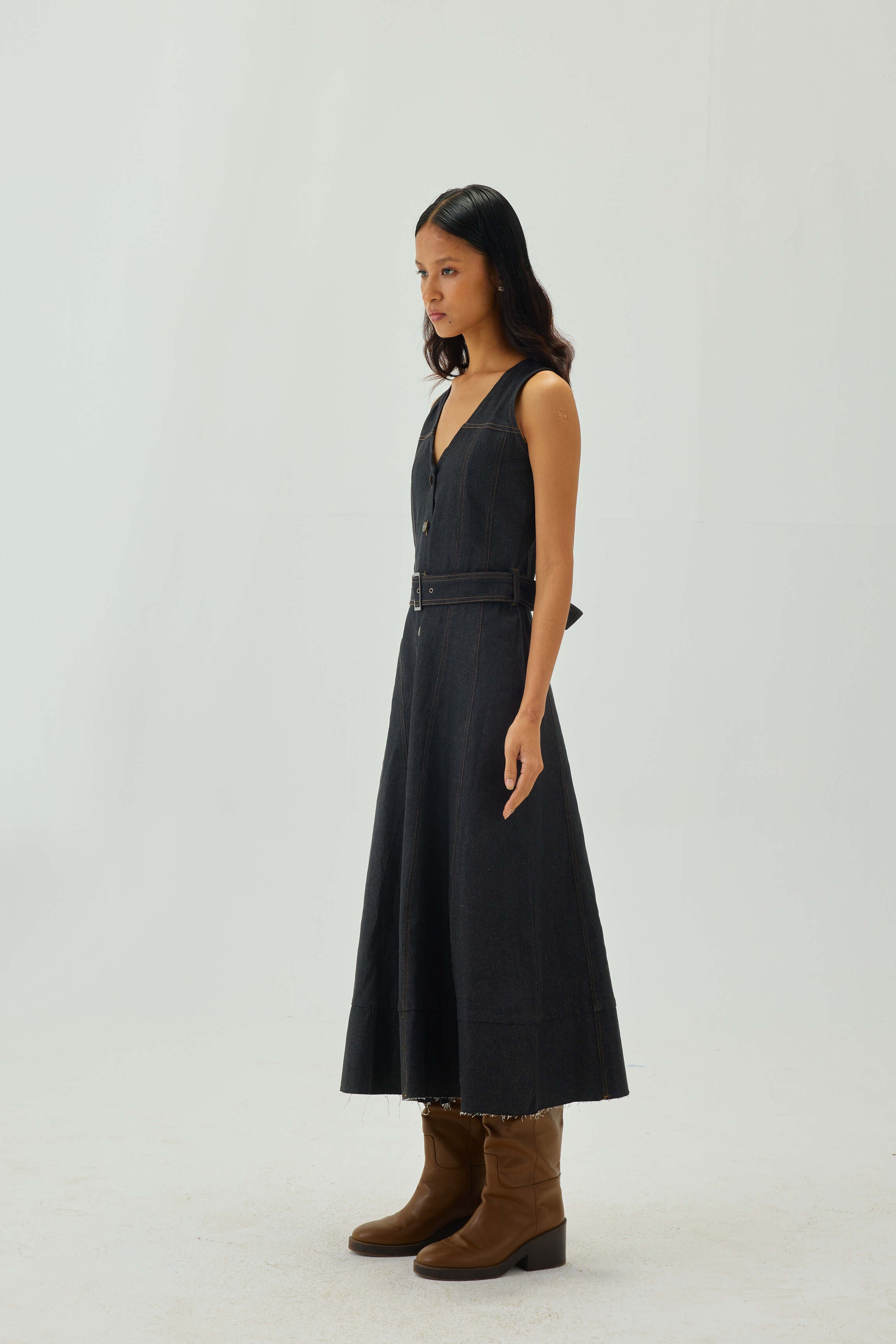 Denim Top Stitch Belted Midi Dress | Graphite
