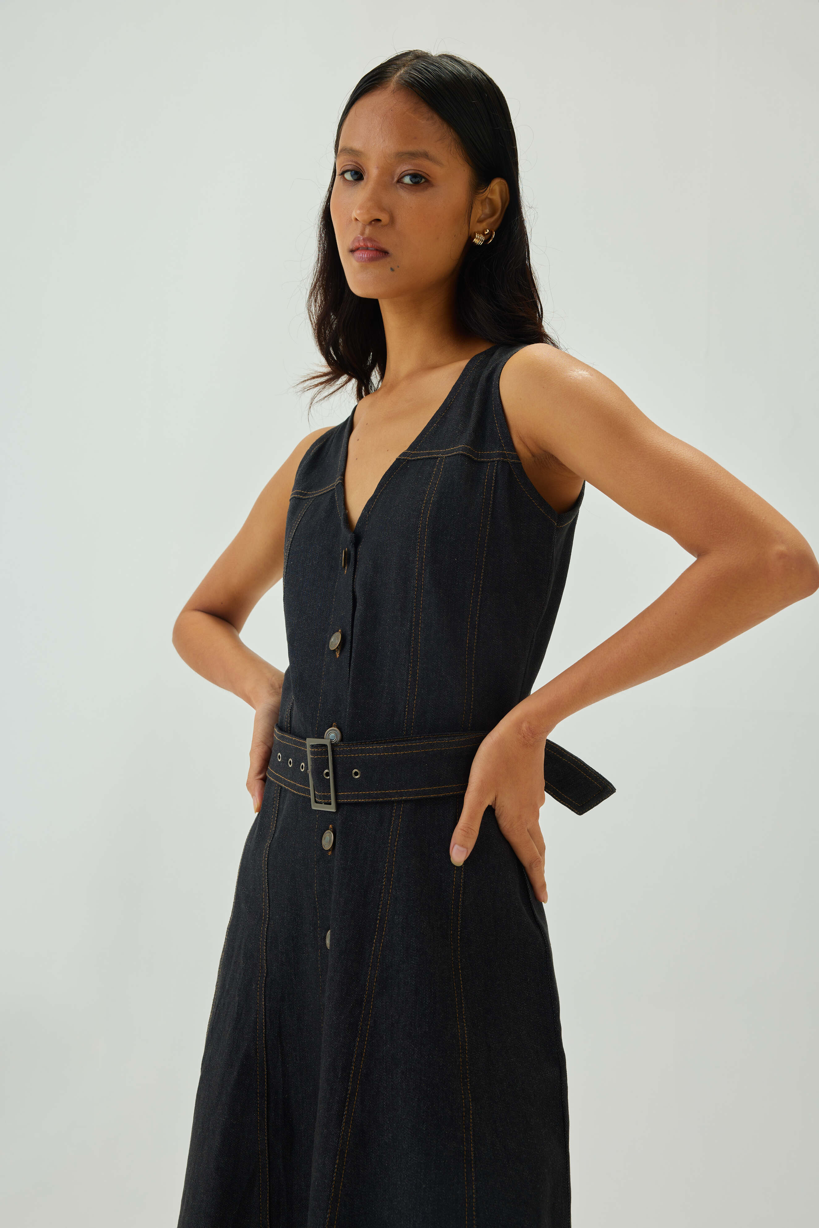 Denim Top Stitch Belted Midi Dress | Graphite