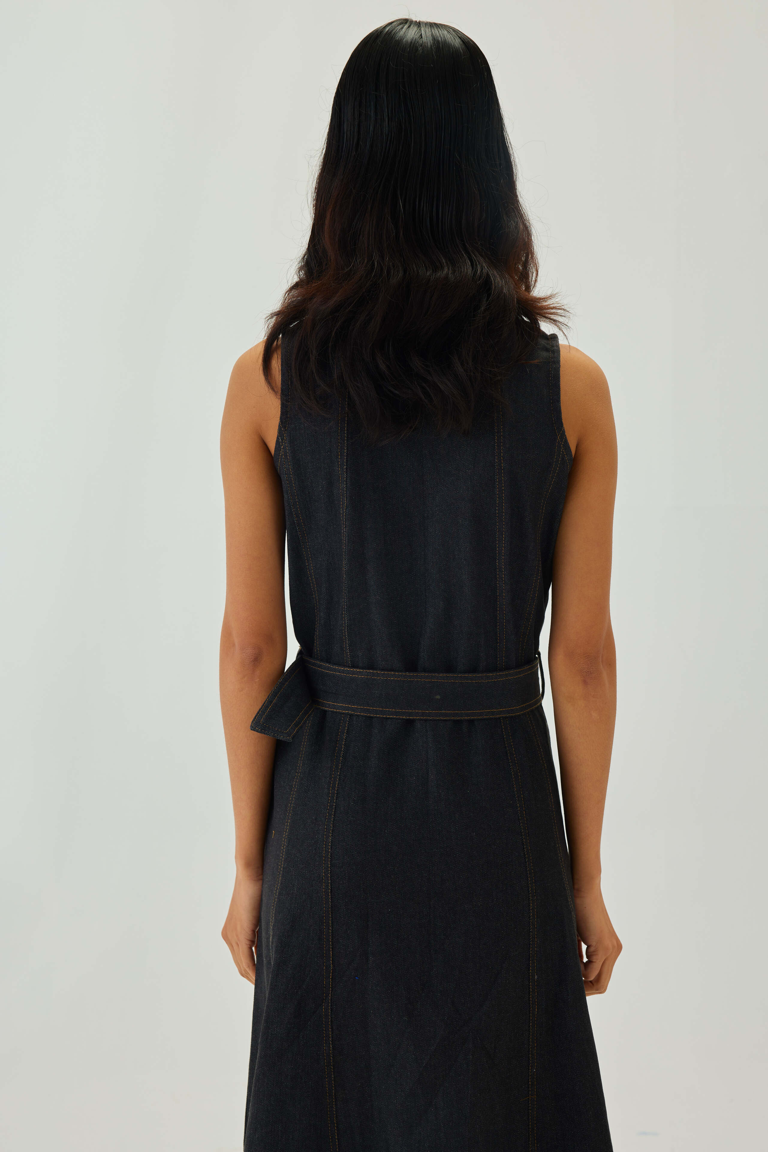Denim Top Stitch Belted Midi Dress | Graphite