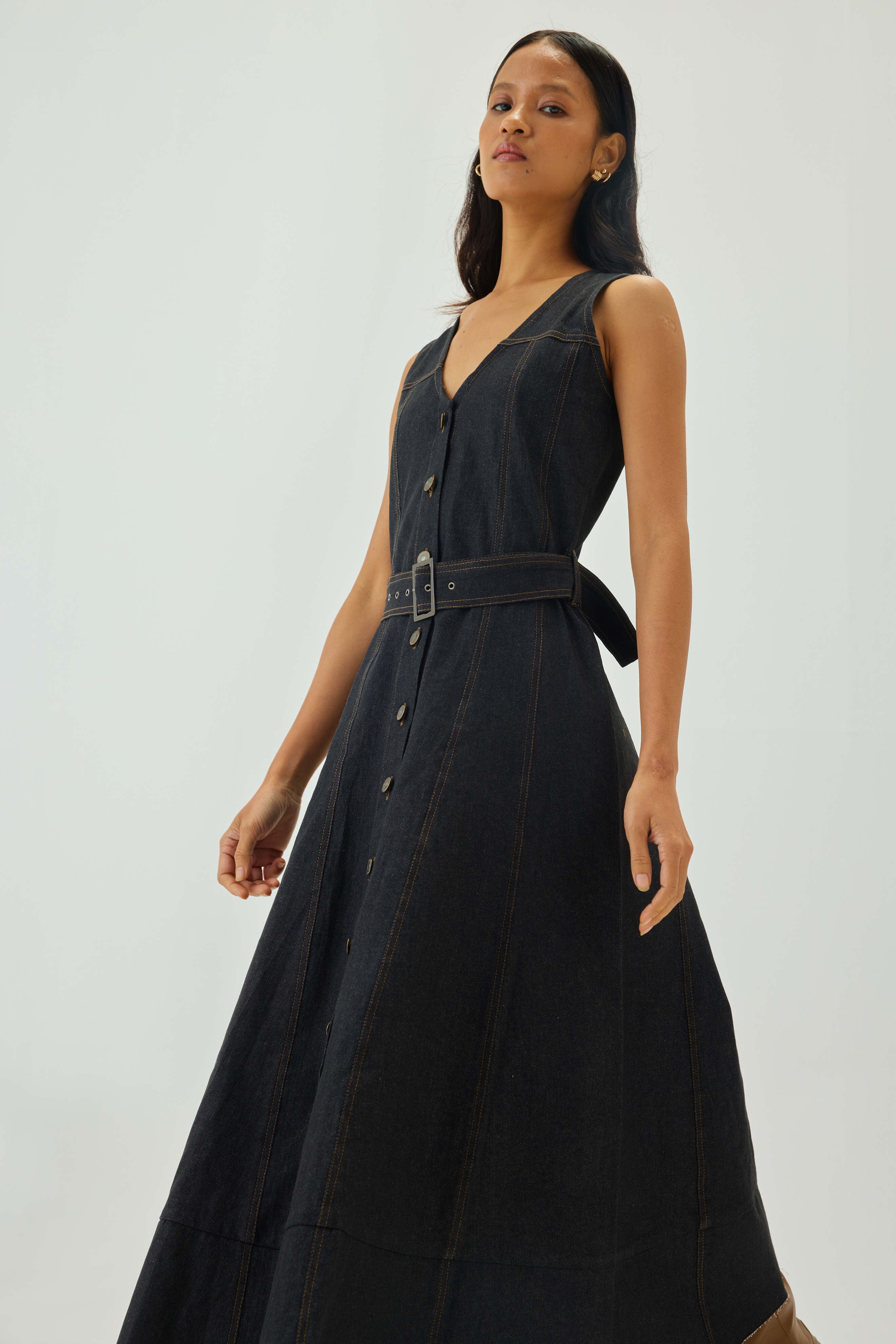 Denim Top Stitch Belted Midi Dress | Graphite