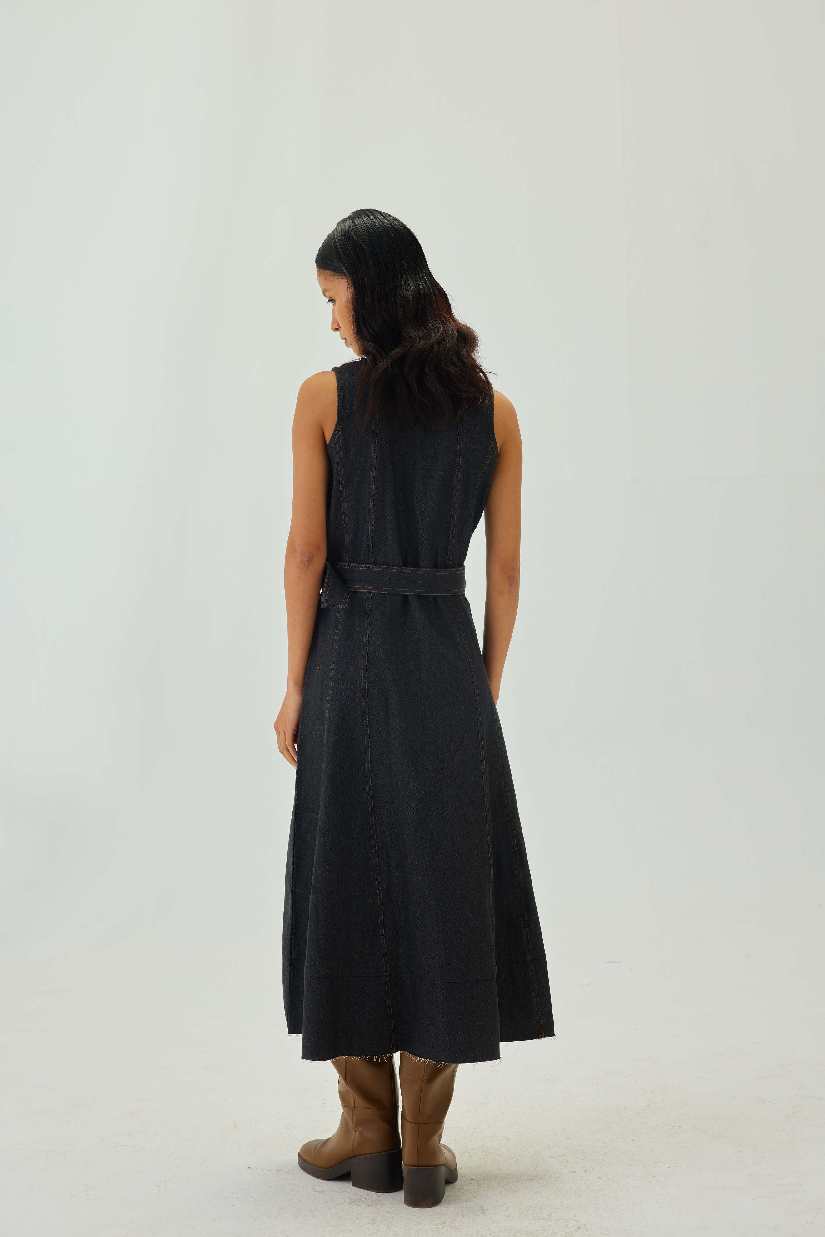 Denim Top Stitch Belted Midi Dress | Graphite