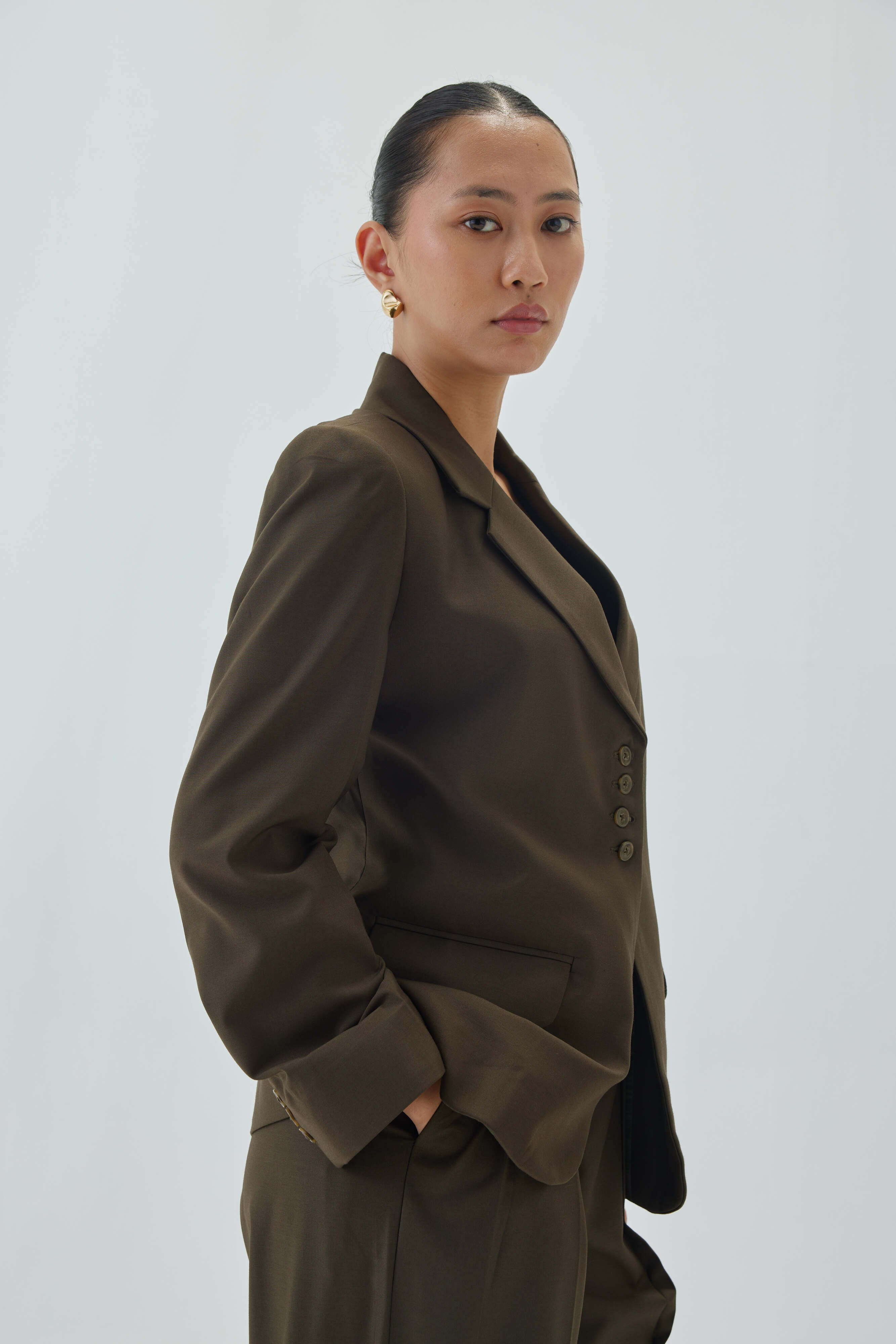 Tailored Four Button Blazer | Olive Green