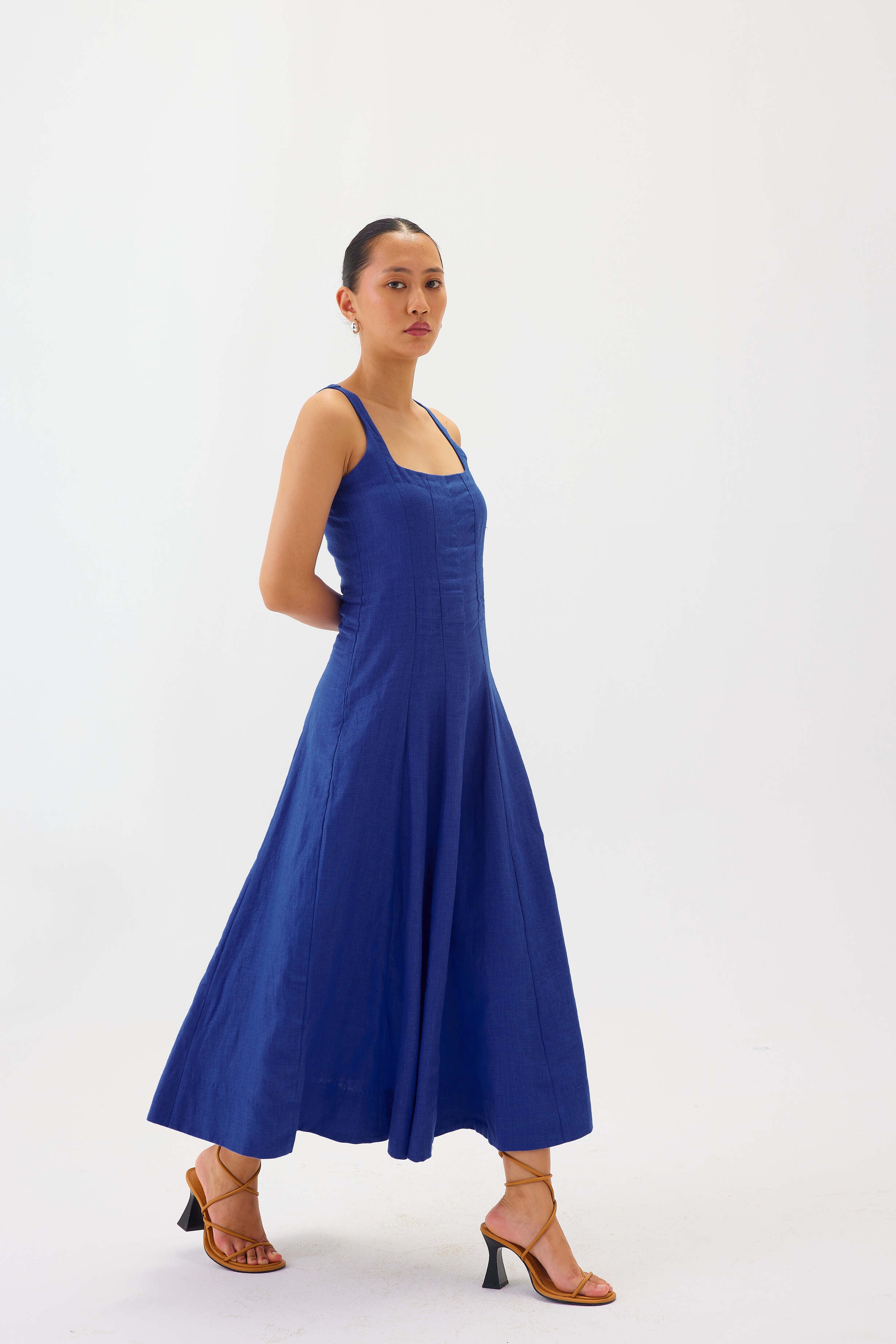 Linen Square-Neck Flare Midi Dress | Blue