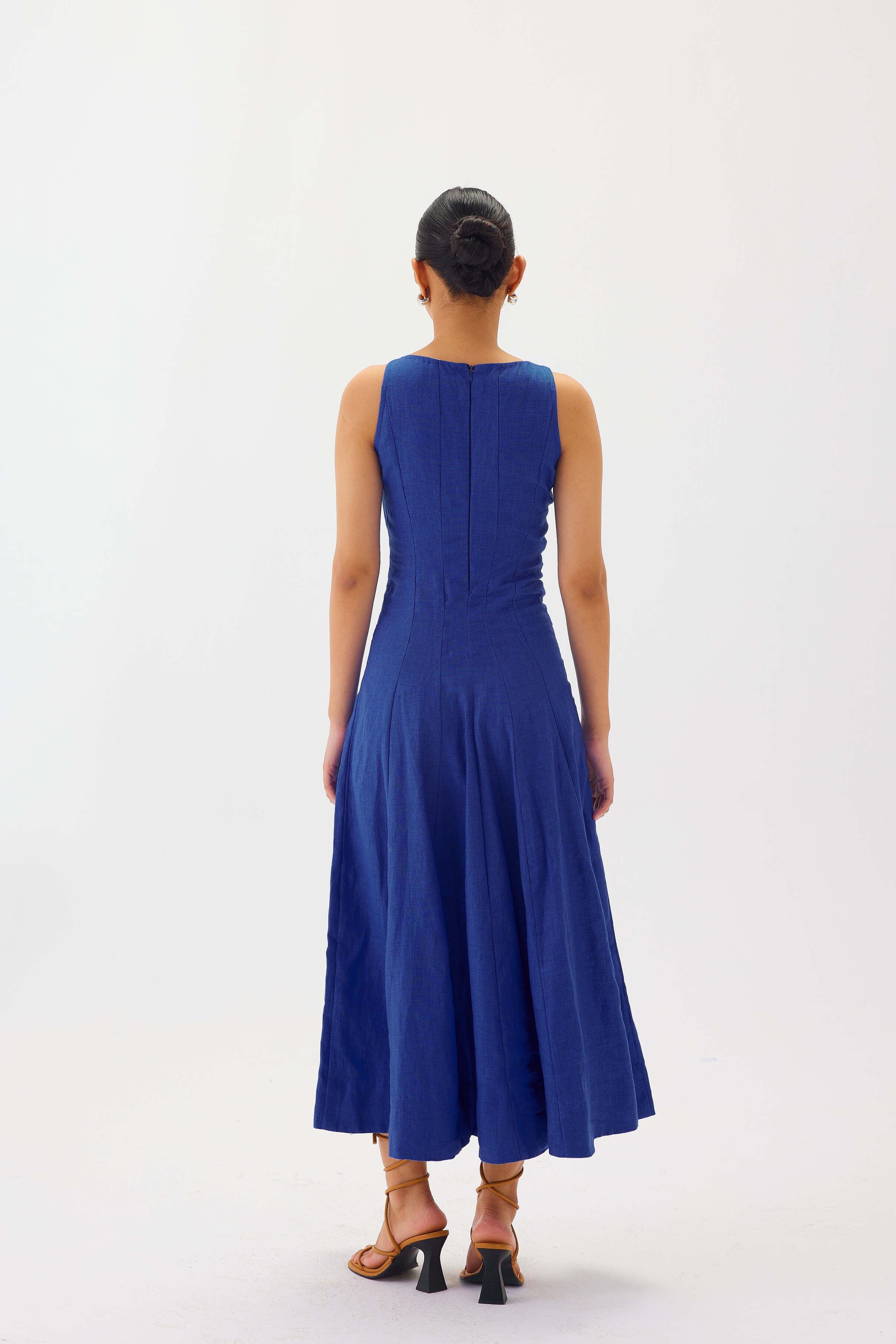 Linen Square-Neck Flare Midi Dress | Blue