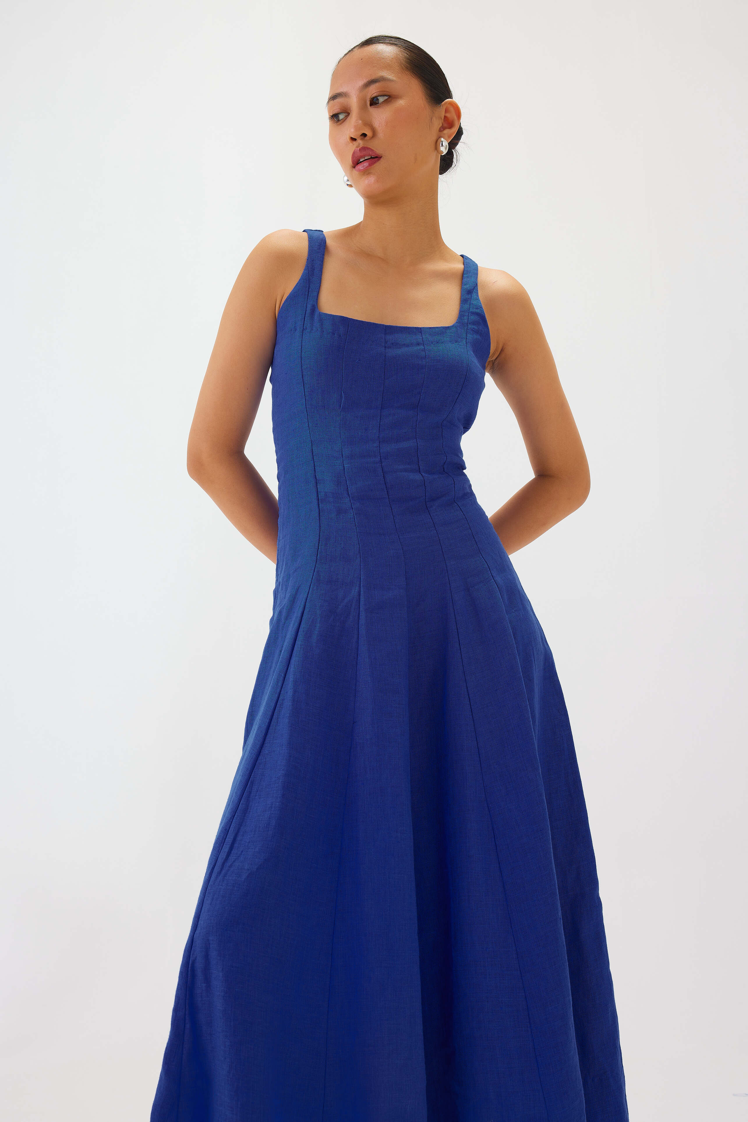 Linen Square-Neck Flare Midi Dress | Blue